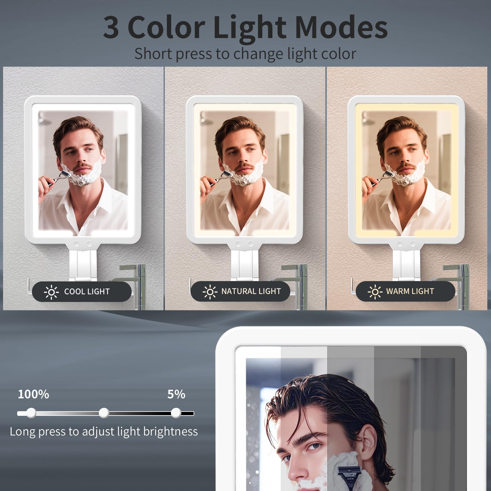 Specchio da Doccia Riscaldato Antiappannamento per Rasatura, Specchio da Doccia con 3 Luci Colorate, Specchio da Barba per Doccia Grande a Parete 24x18 cm con Porta Rasoio (Bianco)