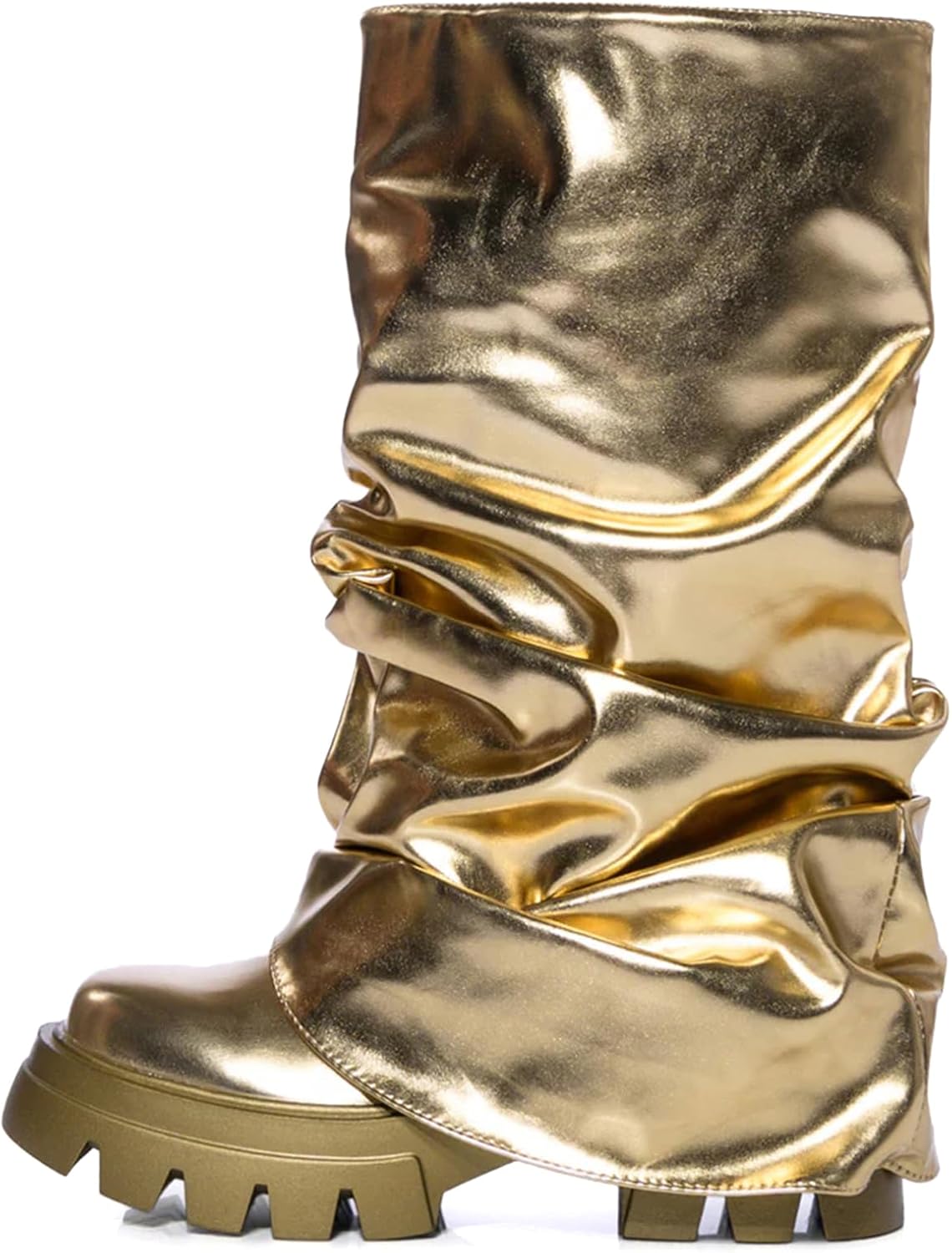 Yishaweiqi Slouched Ruched Fold Over Boots for Women Wide Calf Platform Chunky Heel Mid Calf Shark Boots