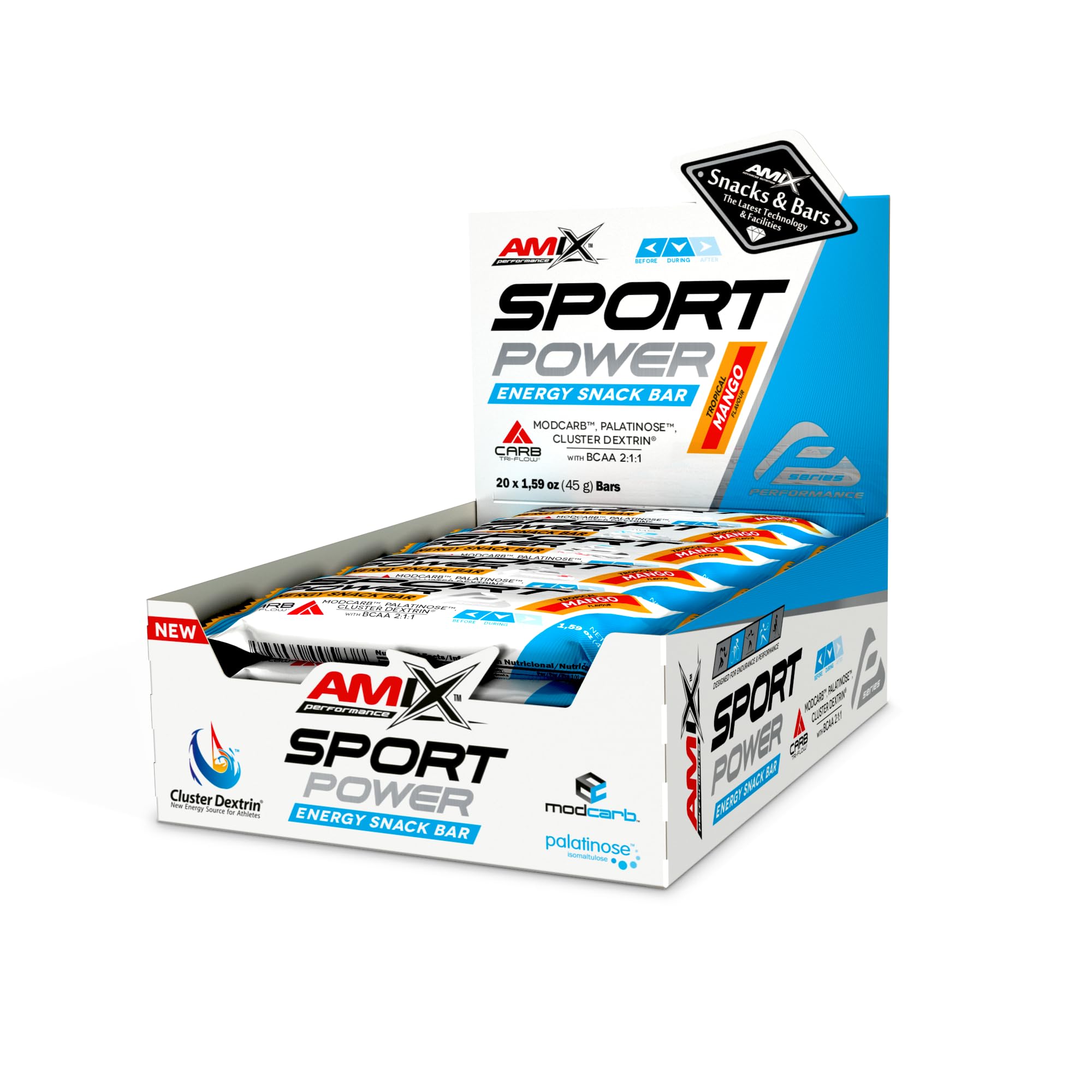 Amix - Pack de 20 Barritas Energética Sport Power de 45 g - Contiene Hidratos de Carbono - Ayuda al Rendimiento Físico - Fuente de Minerales y Vitaminas - Sabor Mango
