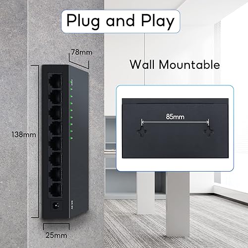 Miniatura 6 de SODOLA Interruptor Gigabit Ethernet de 8 puertos  EscritorioMontaje en pared  Conecta y usa  Sin ventilador  Carcasa de metal  Diseño sin ventilador