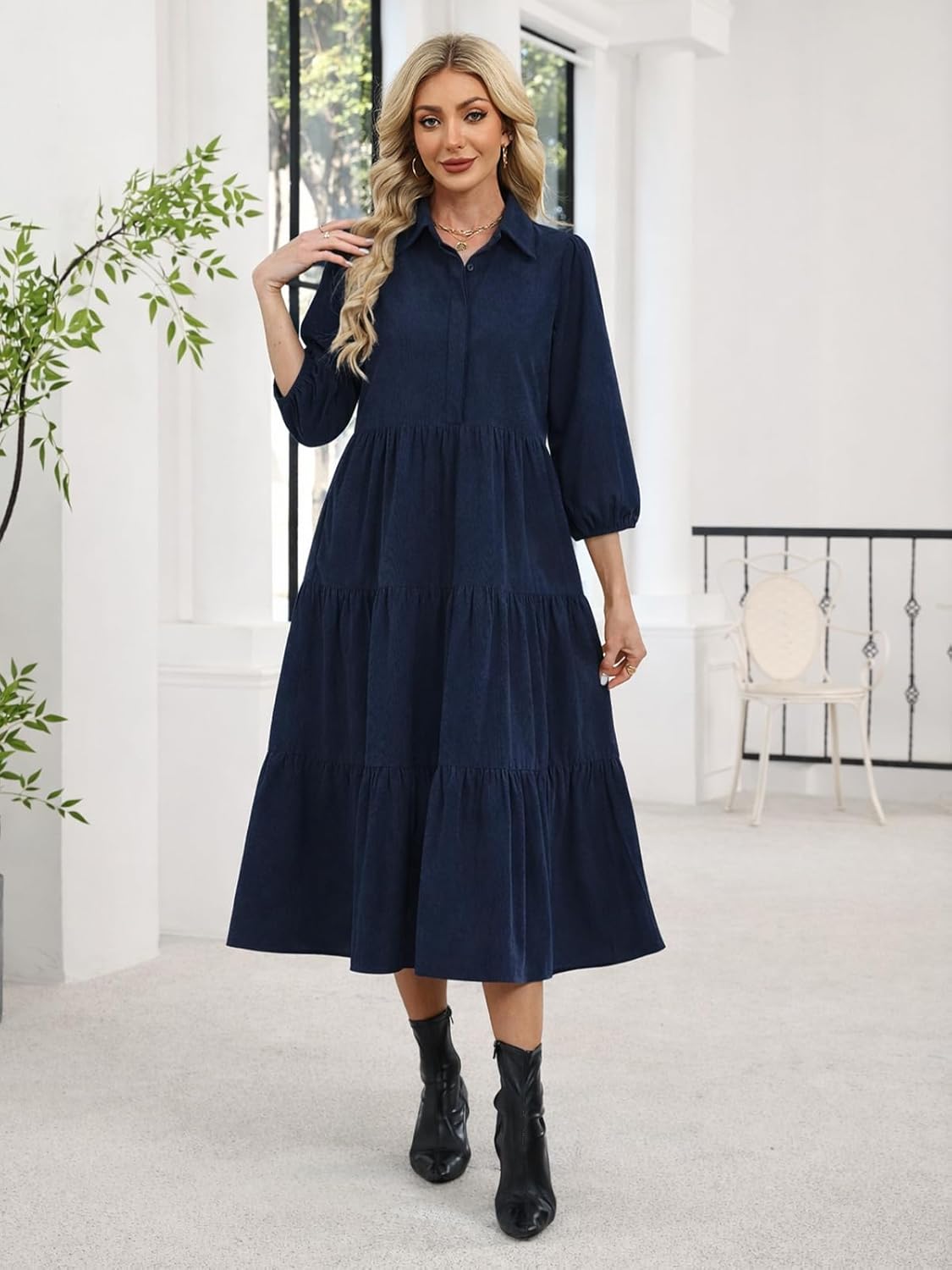 Women’s Corduroy Maxi Shirt Dress Button Up 3/4 Sleeve Flowy Tiered Ruffle Hem Casual Spring Long Dress with Pockets - Image 4