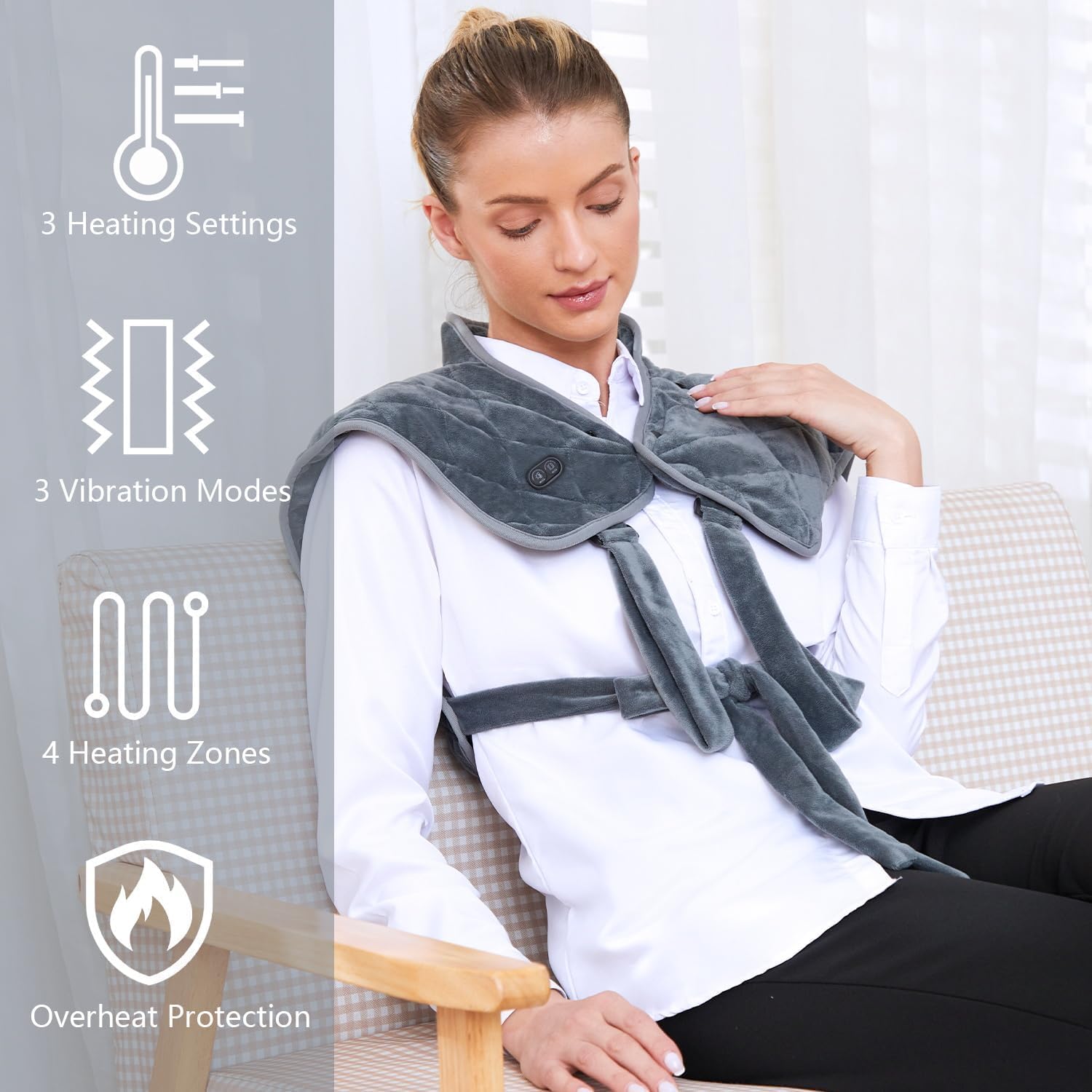 Vofuoti Heating Pad for Neck and Shoulders, Portable Cordless Heating Pad with Massager and Battery, Weighted Electric Heated Neck Shoulder Wrap, 16'' x 22'', 2.2lbs - Image 2