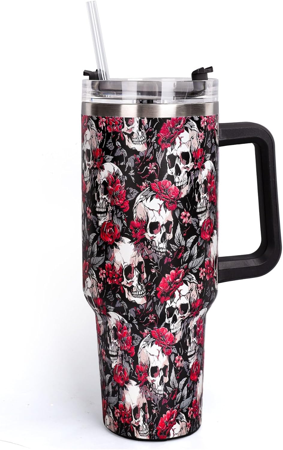 Whaline 40oz Halloween Tumbler with Handle Straw and Lid Skull Floral Travel Tumbler Coffee Cup for Holiday Birthday Party Favors