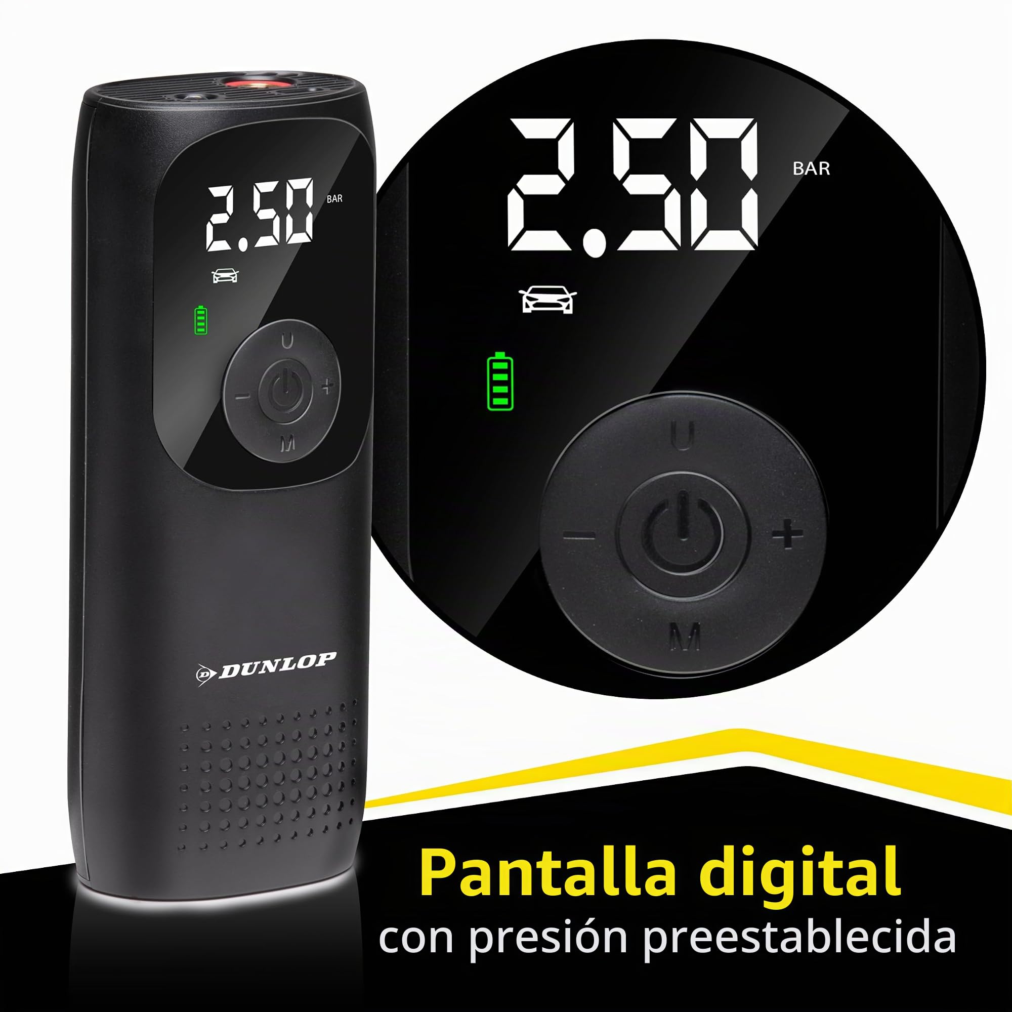Dunlop Mini Compresor de Batería Bomba de Aire Eléctrica 150PSI - Universal y USB C - Pantalla Digital - Luz LED - Negro