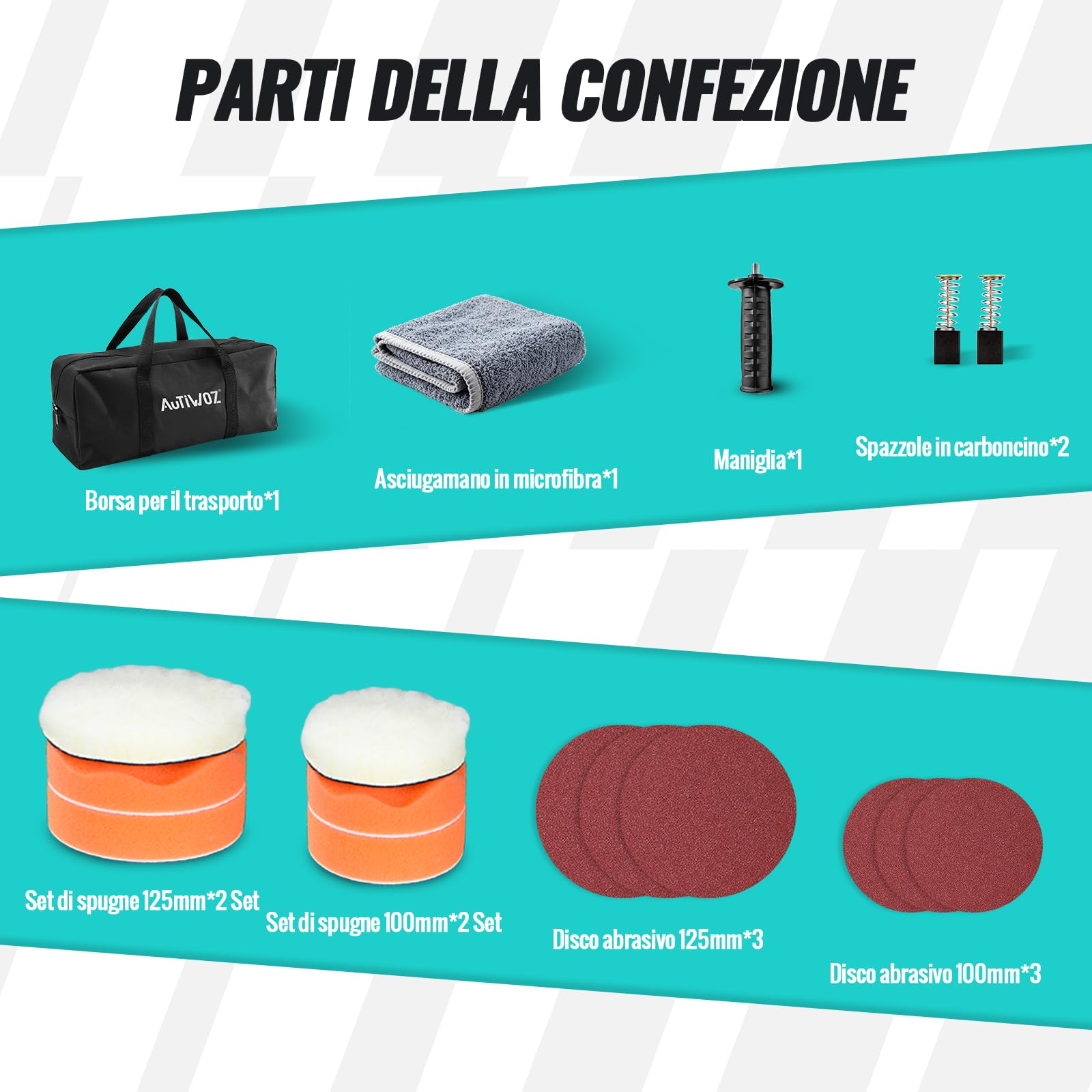 AUTIWOZ - Mini lucidatrice per auto, 630 W, con 6 velocità variabile 2500 – 4500 giri/min, impugnatura laterale, 100 mm/125 mm, spugna lucidante/disco di lana/carta vetrata, per lucidare auto