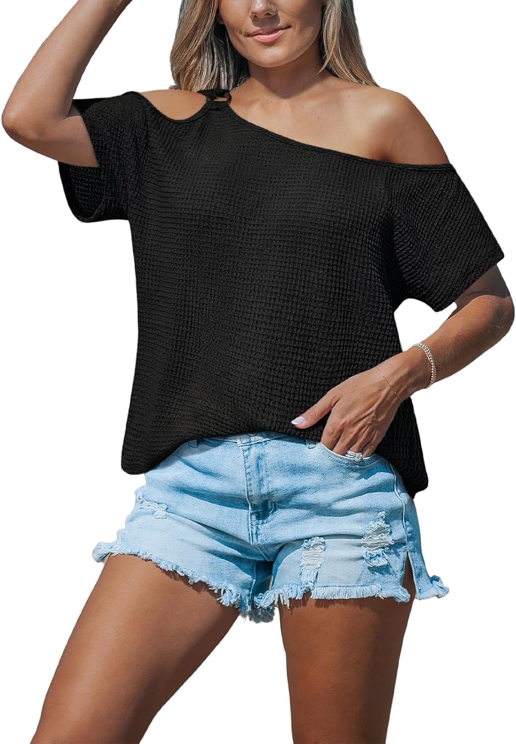 CUPSHE Women's One Shoulder Tops Strap Trendy Short Sleeve Knit Sexy Cutout Tee