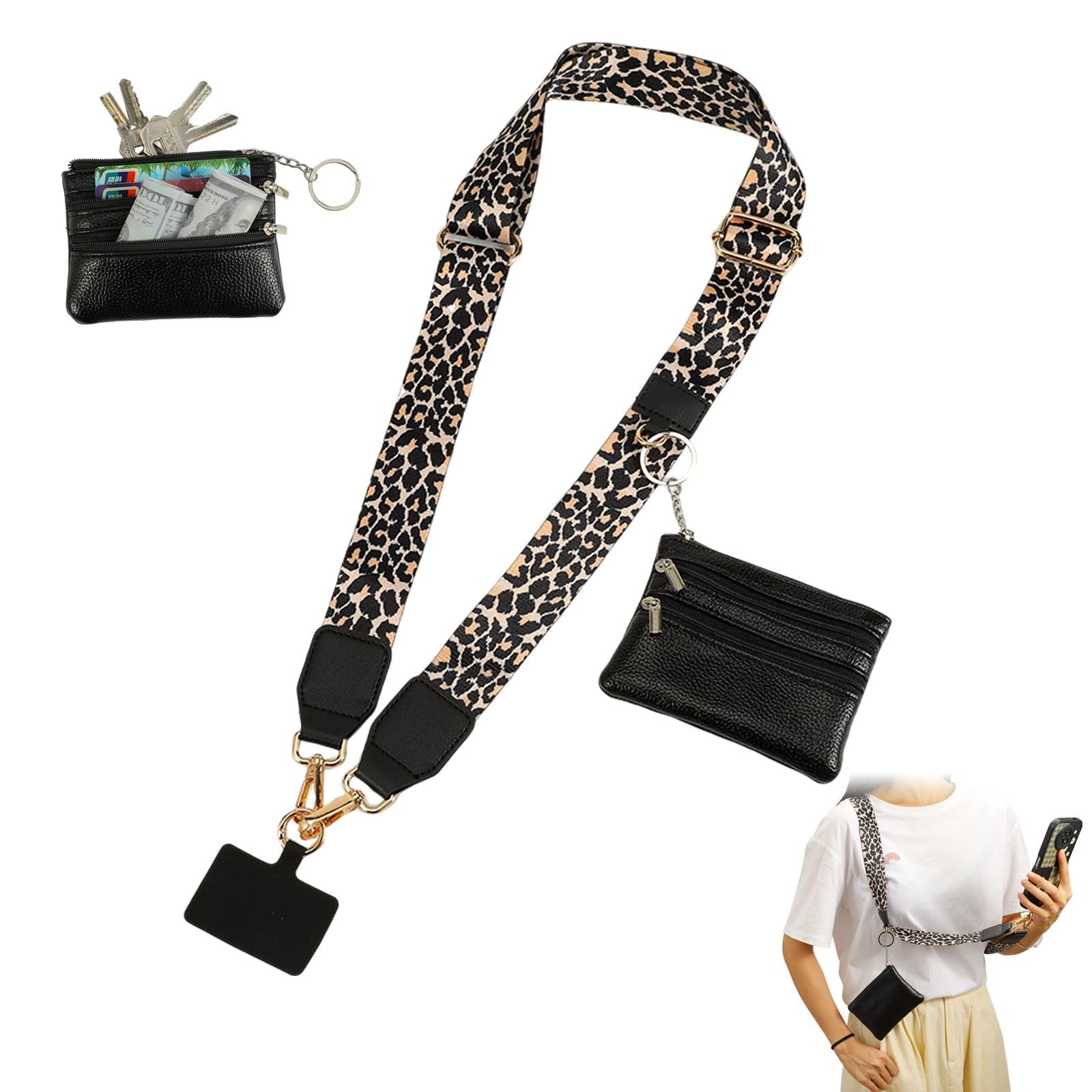 Lipwort Women's Leopard Print Phone Strap With Zippered Pouch, Clip And Go Strap For Phone With Wallet Crossbody, Cross Body Phone String With Zipper Wallet Pouch, Adjustable Phone Lanyard Charm For (Leopard Print)