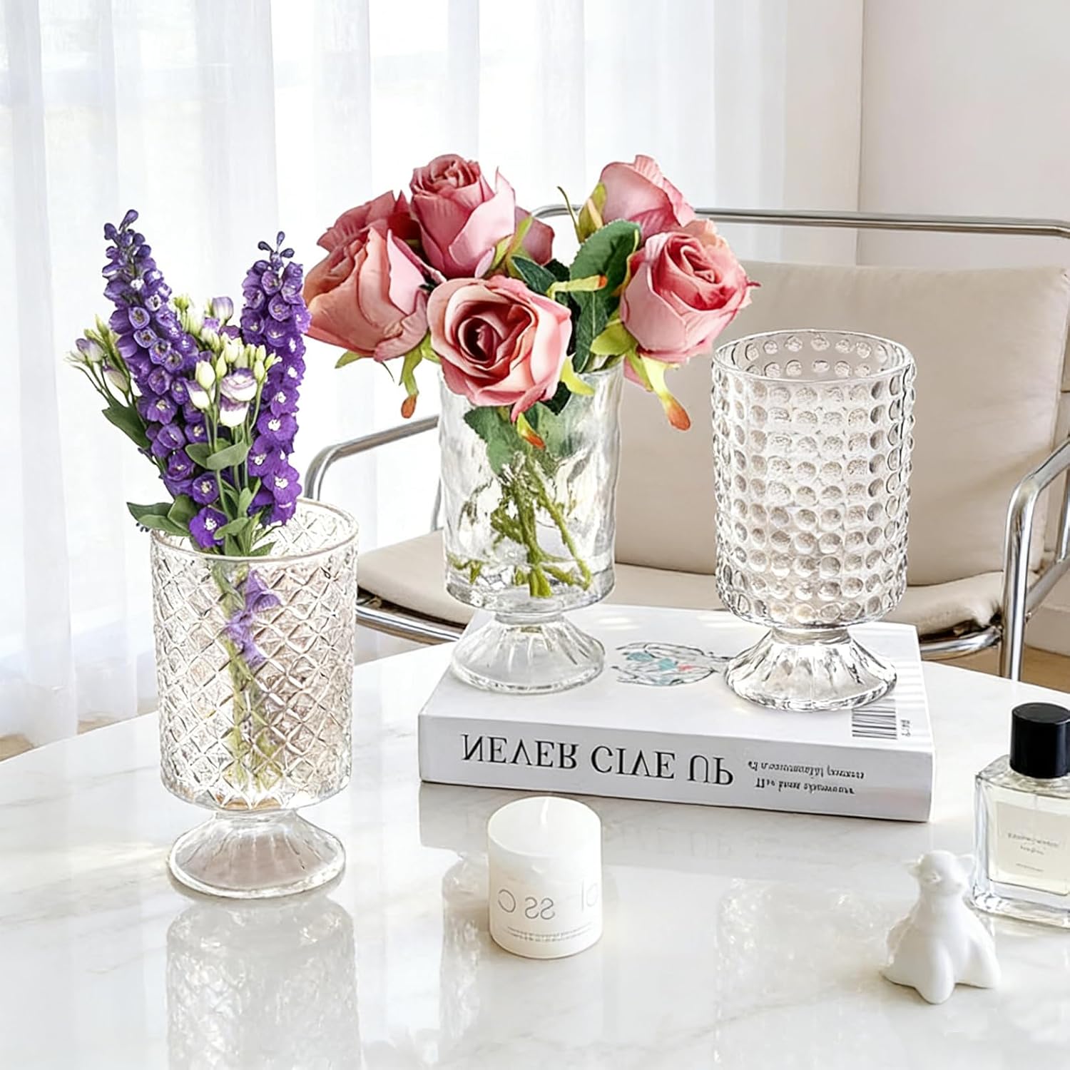 WRINGKIT Set of 3 Embossed Glass Vase, 7'' Clear Vases for Flowers Centerpieces, Wide Mouth Pedestal Vase with Big Base, Cylinder Candle Holder Glass Bouquet Vases for Table, Wedding Home Decor