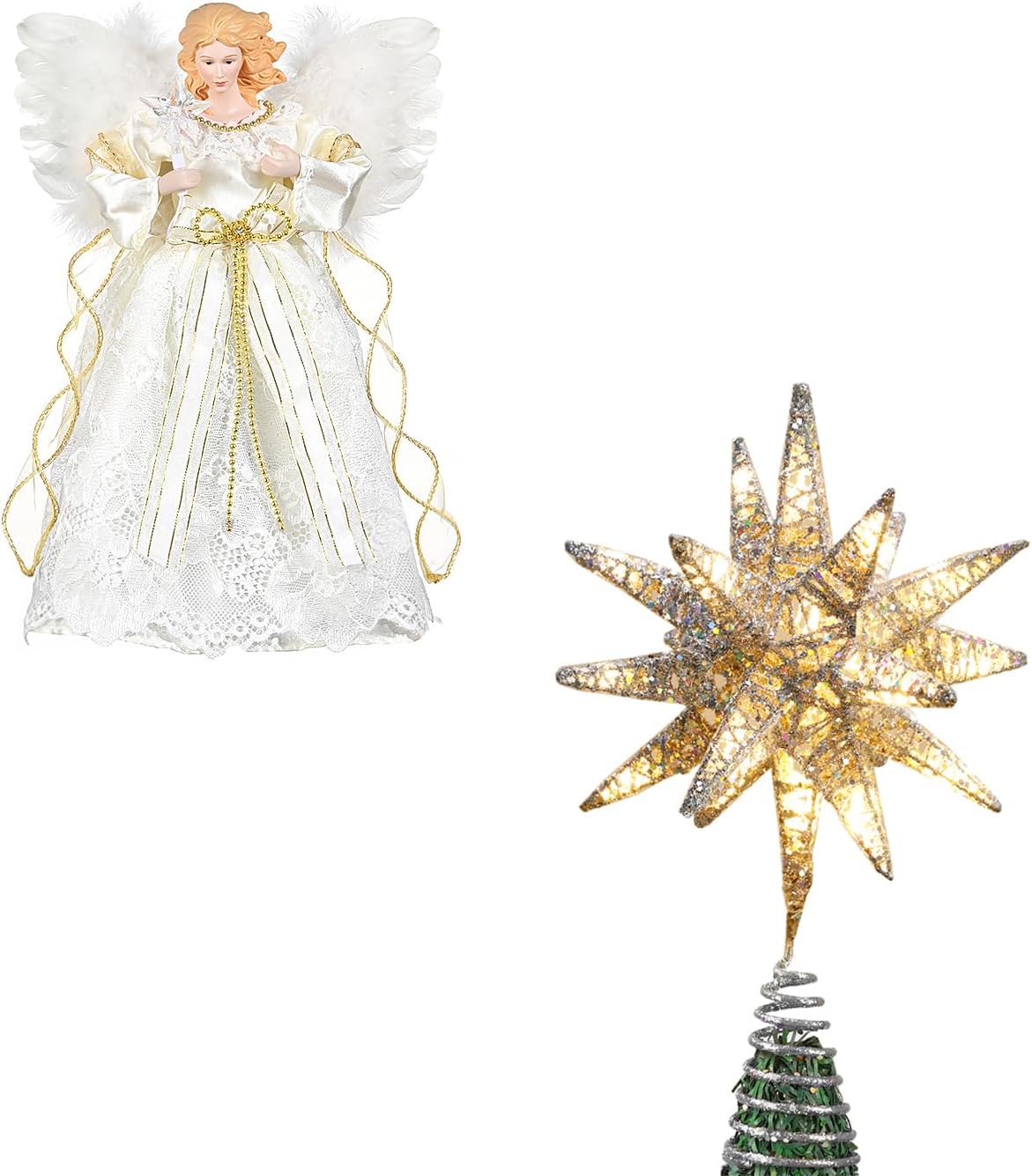 Luxspire 3D Starburst Lighted Tree Topper + 12'' Lighted Christmas Angel Tree Topper