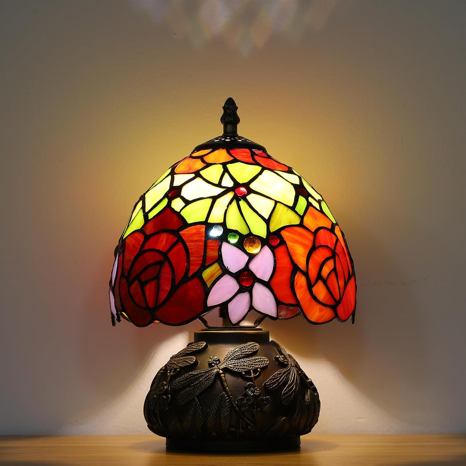 Tiffany Style Table Lamp, Stained Glass Lamp, Small Antique Lamp, for Nightstand Bedroom Living Room Home Office, Rose Flower Pattern, 8X11 Inch