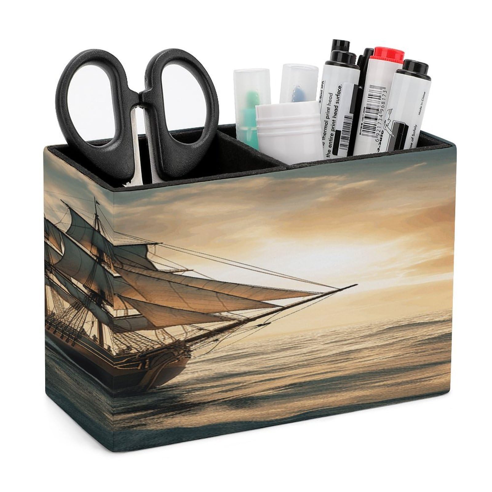 VstaDank Ship Sailing Alone Pen Holder Double Compartments Pen Cup Fashion Makeup Brush Holders Leather Pencil Holder for Work Locker Accessories Modern Pencil Cup for Desk Organizer