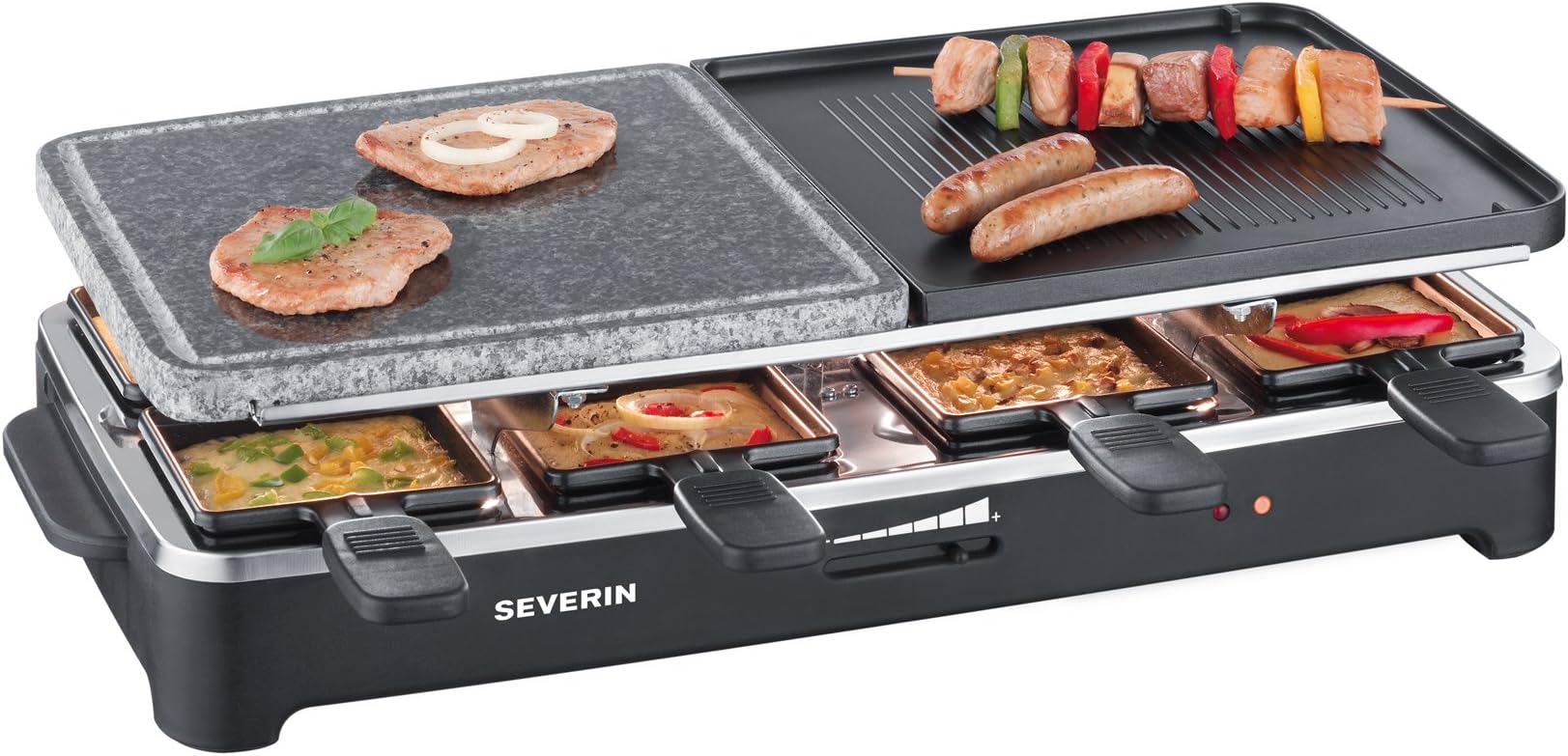 Severin 2341-3P RG 2341 Raclette Party Natural Grill Stone, Crรชpes and 8 Mini Pans, 1500 W, Plastic, Black