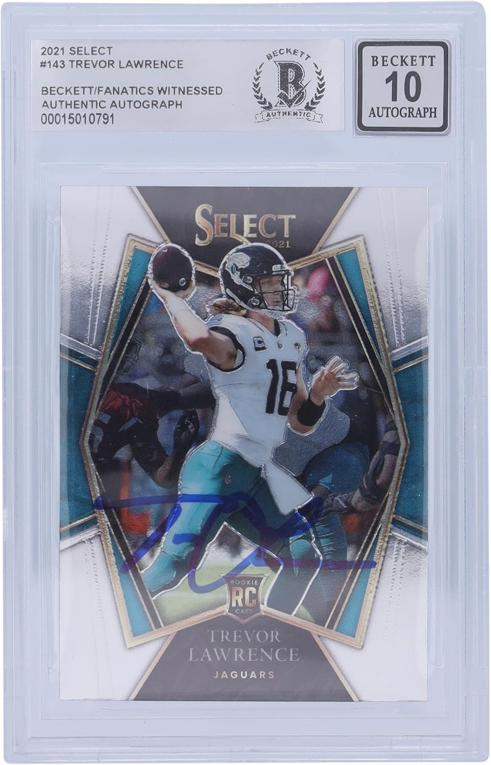 Trevor Lawrence Jacksonville Jaguars Autographed 2021 Panini Select Premier Level #143 Beckett Fanatics Witnessed Authenticated 10 Rookie Card - Football Slabbed Autographed Rookie Cards