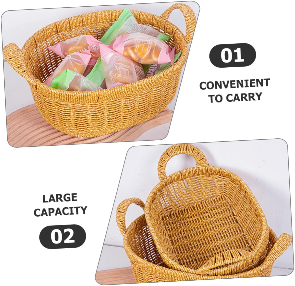 Simulated Rattan Serving Tray Bread and Snack Storage Basket with Double Handles Large Oval Deep Design Light Coffee Color for Kitchen Organizer and Outdoor Picnic