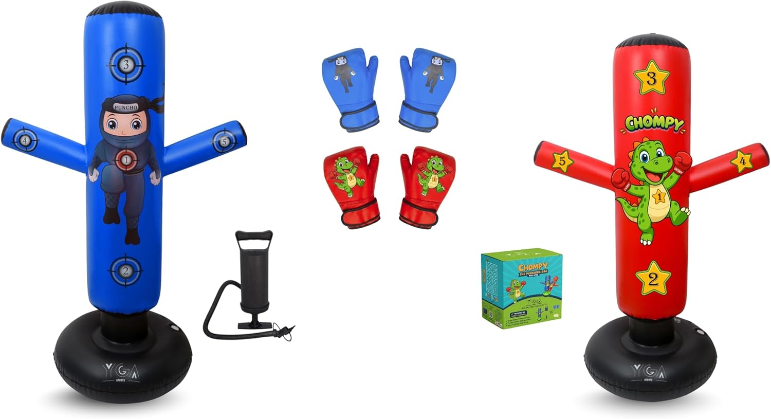 Boxing Sets - 1 CHOMPY Dino (48") + 1 PUNCHO Ninja (63") Punching Bags for Kids - Complete Inflatable Boxing Kit for Ages 3-12 with Gloves, Pumps & Training eBook