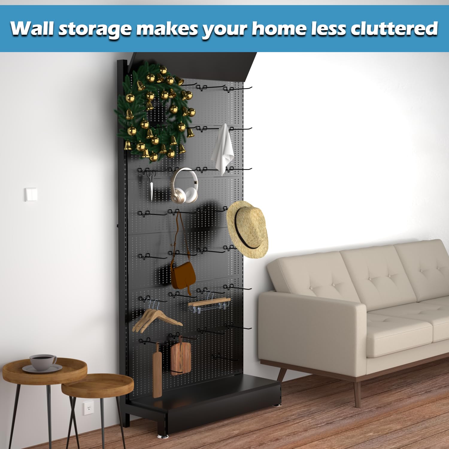 Organizzatore per pannelli forati in metallo, con 30 ganci, 215,9 x 91,4 x 33 cm, può sopportare 150 kg di peso, scatola portaoggetti portatile per garage, accessori per telefono in metallo, per