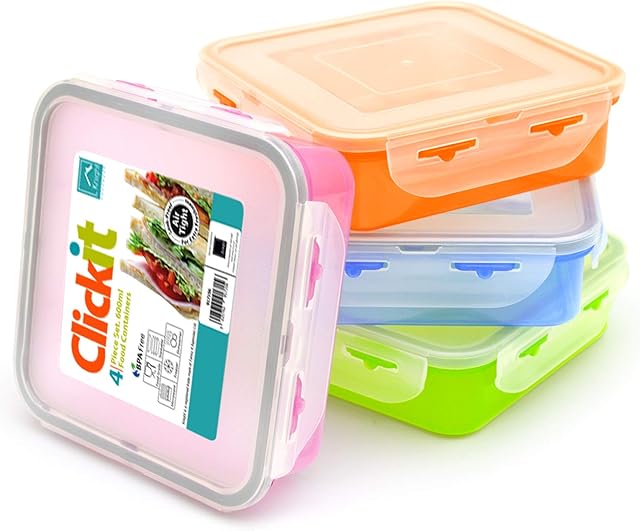 KNIGHT Click-it 4 Piece Food Storage Container Set with Lid | Air-Tight Leak-Proof | Microwave & Dishwasher Safe | Sizes 600ml | BPA Free | Kitchen Assesoties | Plastic Food Containers | 15 x 15 x 4CM