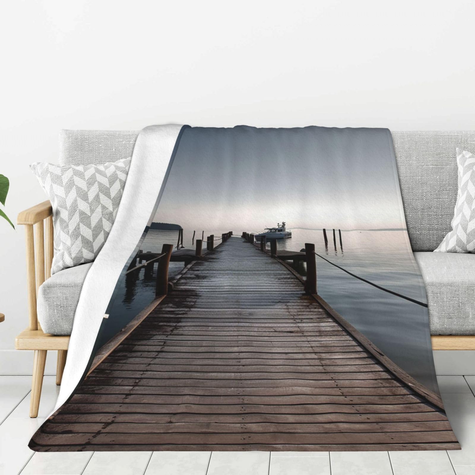 Long Pier Impassive Lake Clear Sky Throw Blanket Plush Flannel Fleece Blanket, Soft Lightweight Cozy Blankets 80"X60" for Bed Couch Sofa Travel