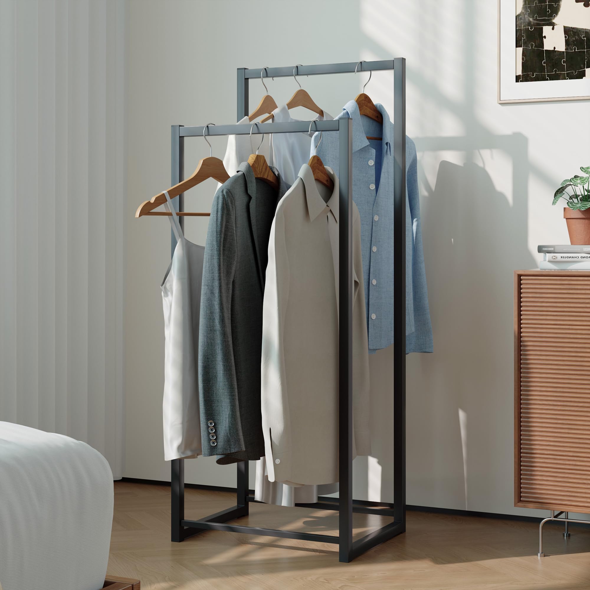 [en.casa] Stand Appendiabiti da Terra con 2 Barre Aste Porta Abiti in Altezze Diverse Organizzatore Guardaroba Vestitore 100 x 40 x 30 cm in Acciaio - Nero
