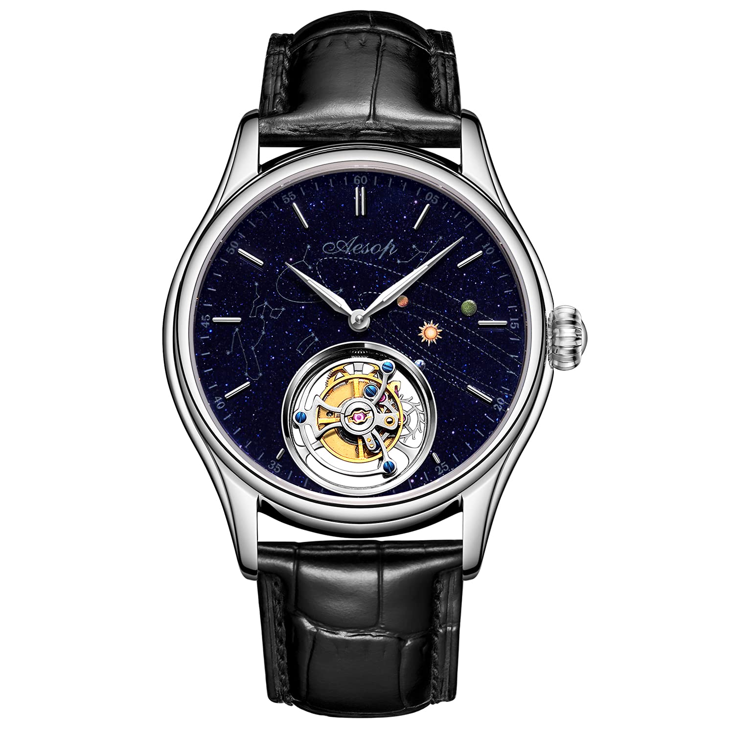 Men's Mechanical Watch Tourbillon Genuine Watches for Men Skeleton Wristwatch Stainless Steel 100M Waterproof Man Male Clocks Leather Luxury Dress Watch (Silver)