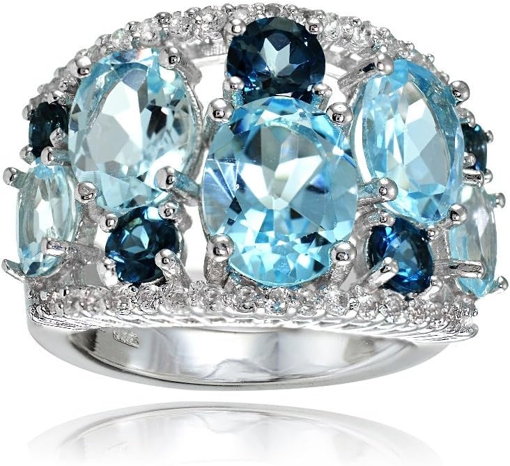 Ice Gems Sterling Silver Genuine London Blue, Blue and White Topaz Tonal Dome Ring