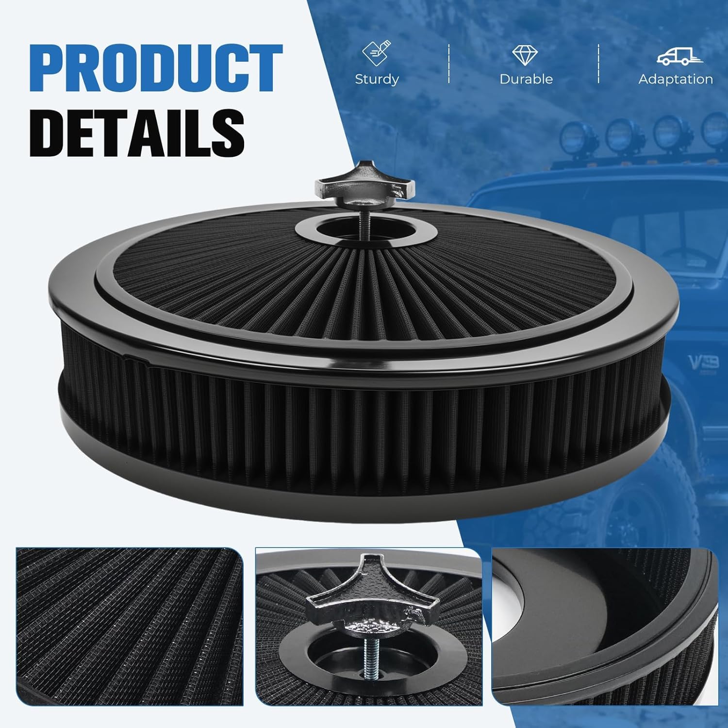 BHB Air Cleaner Filter Assembly Kit Round 14"x3" High Flow W/Chrome Flow-Thru Lid 5-1/8" Carburetor Neck Compatible with GMC Chevy Ford Chrysler Dodge V8