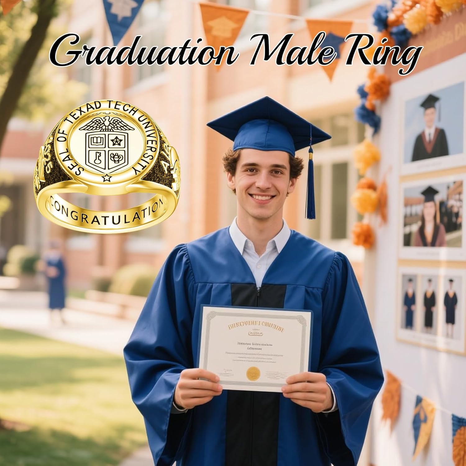 Customized Mens Class Rings Personalized Pattern High School Graduates Ring Solid Gold 10K/14K/18K and Sterling Silver Class of 2025 2026 Graduation College Gifts for Men(With Gift Box)