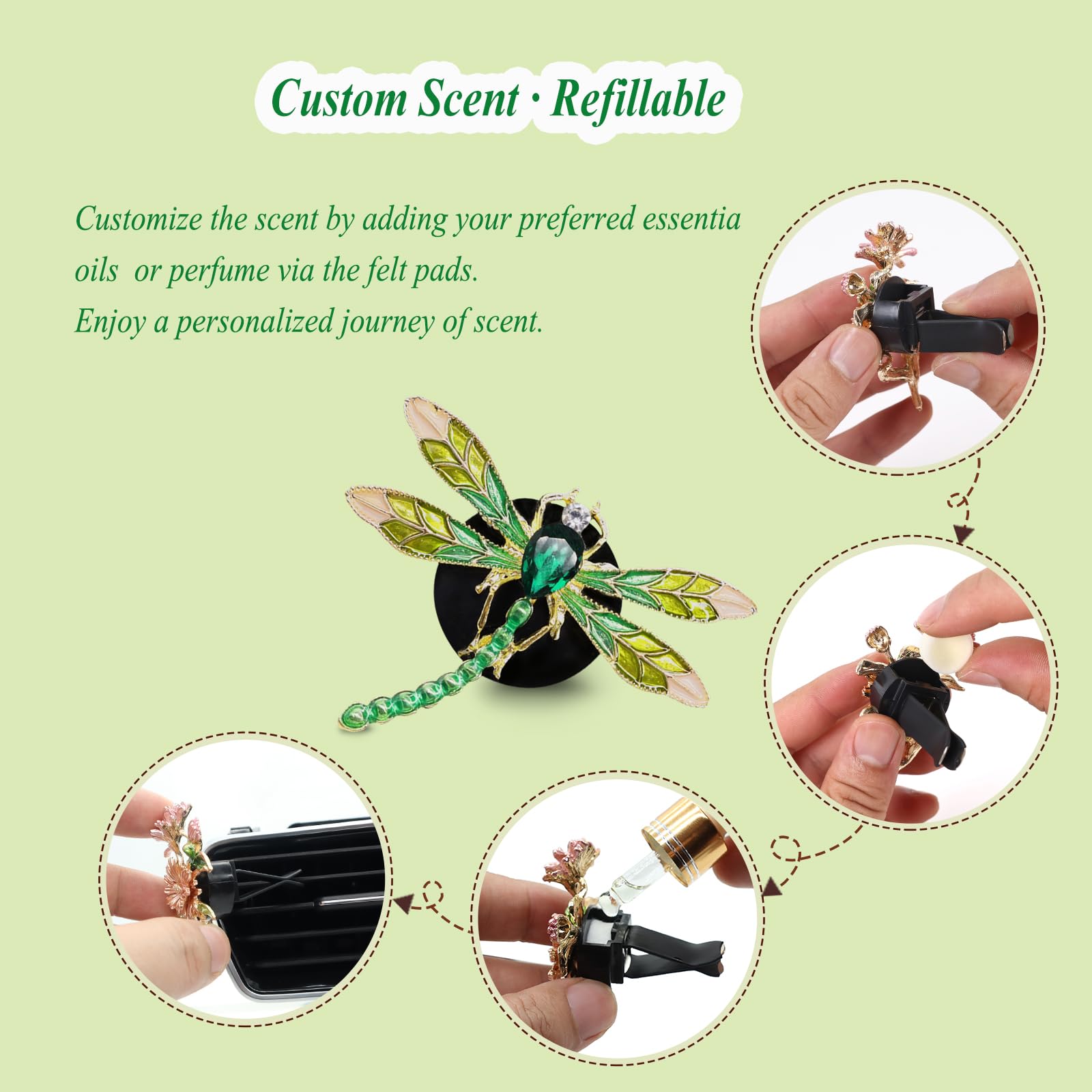 ORIESSE Bling Dragonfly - Ambientador de coche con clips de ventilación, 2 piezas de glamurosas libélulas verdes, bonitos accesorios para coche, difusor de coche recargable, elegante decoración de