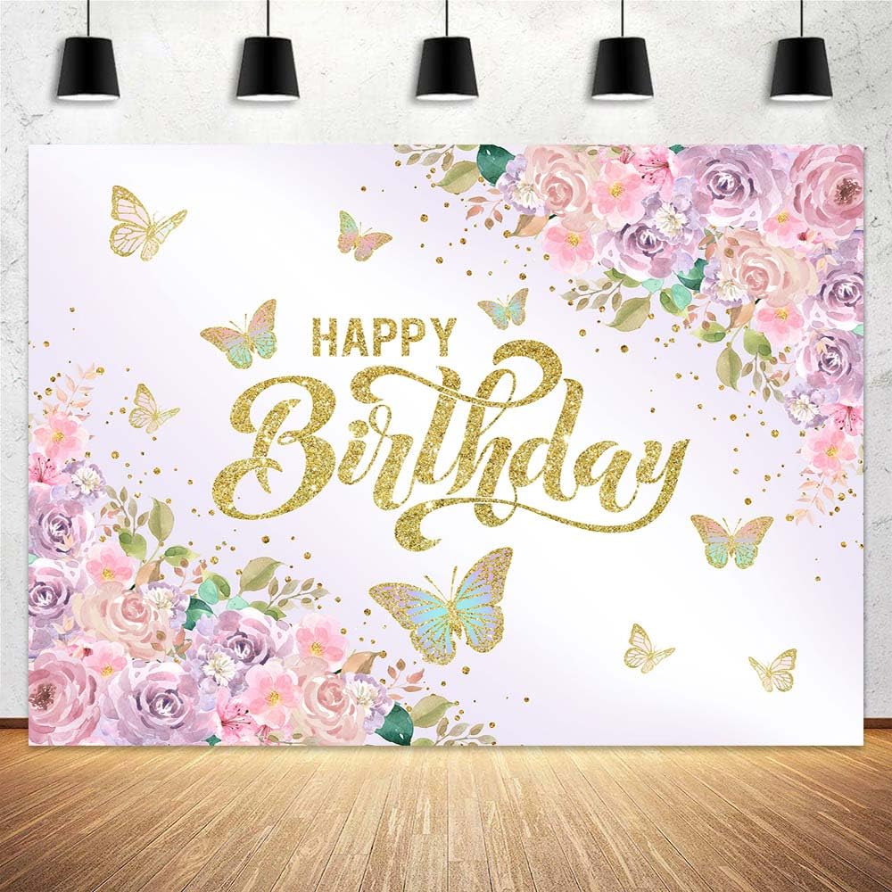 Pink Rose Gold Birthday Backdrop for Women,Flower Butterfly Party Decorations Backdrop Photography for Girls Floral Glitters Banner, Happy Birthday