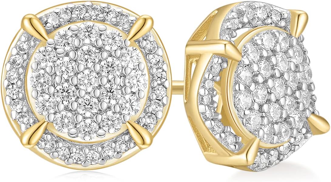 TRUMIUM Sterling Silver Earrings for Men Gold Plated and Silver Plated Halo Diamond Round Cz Stud Earrings Screw Back Hypoallergenic