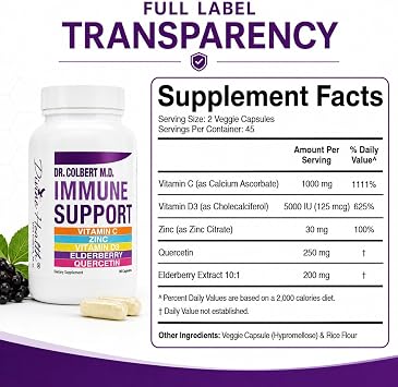 Dr. Colbert, MD Immune Support | by Divine Health | Vitamin D3 | Zinc | Quercetin | Vitamin C | Elderberry | 90 Capsules