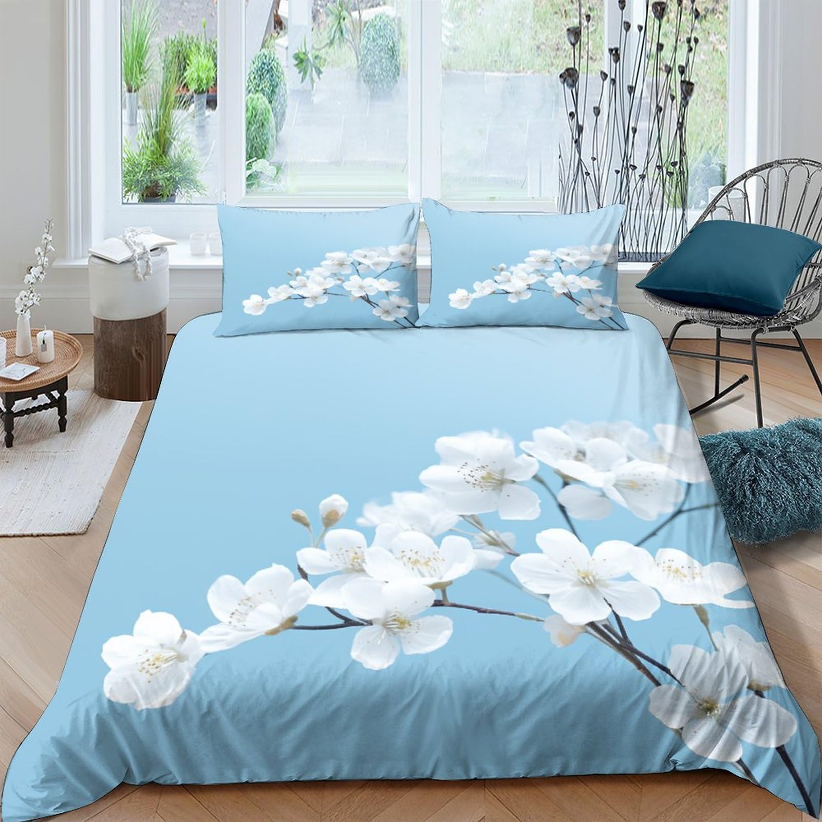 Parure de lit bleu fleurs blanches 3 pièces avec housse de couette double 200x200cm