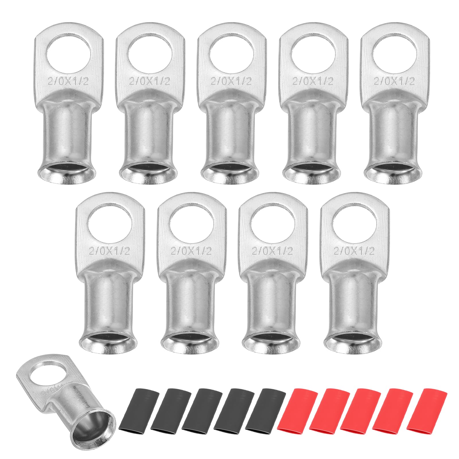 sourcing map 10pcs 1/0 AWG M8 Battery Lugs Ring Terminals, 5/16" 8mm Stud Crimp Wire Terminal Connector End Copper, 2:1 Heat Shrink Tubing, Silver