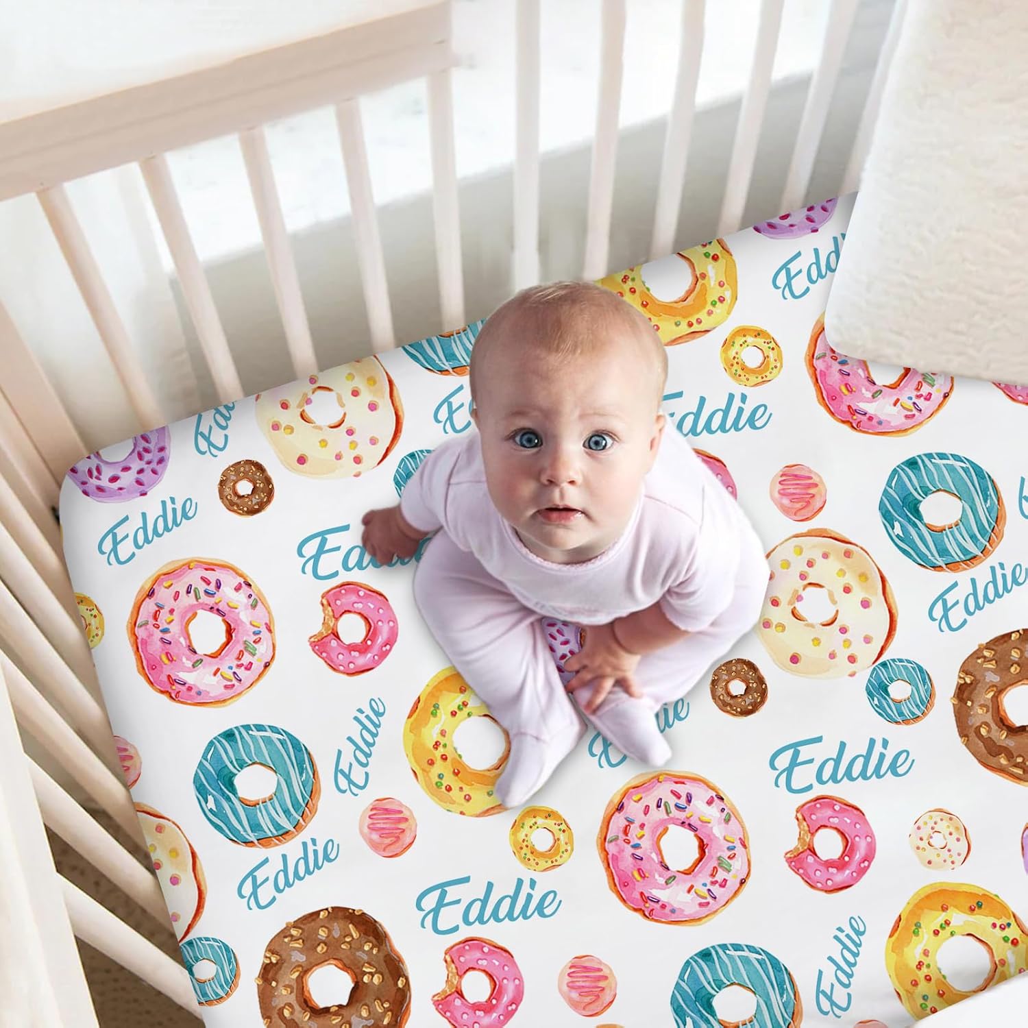 Custom Crib Bedding Set for Boys Girls, Personalized Baby Bedding Sets with Name, Donuts 2 Piece Bedding Set for Infant Toddler, Name Comforter Fitted Crib Sheets Set, Nursery Bedding