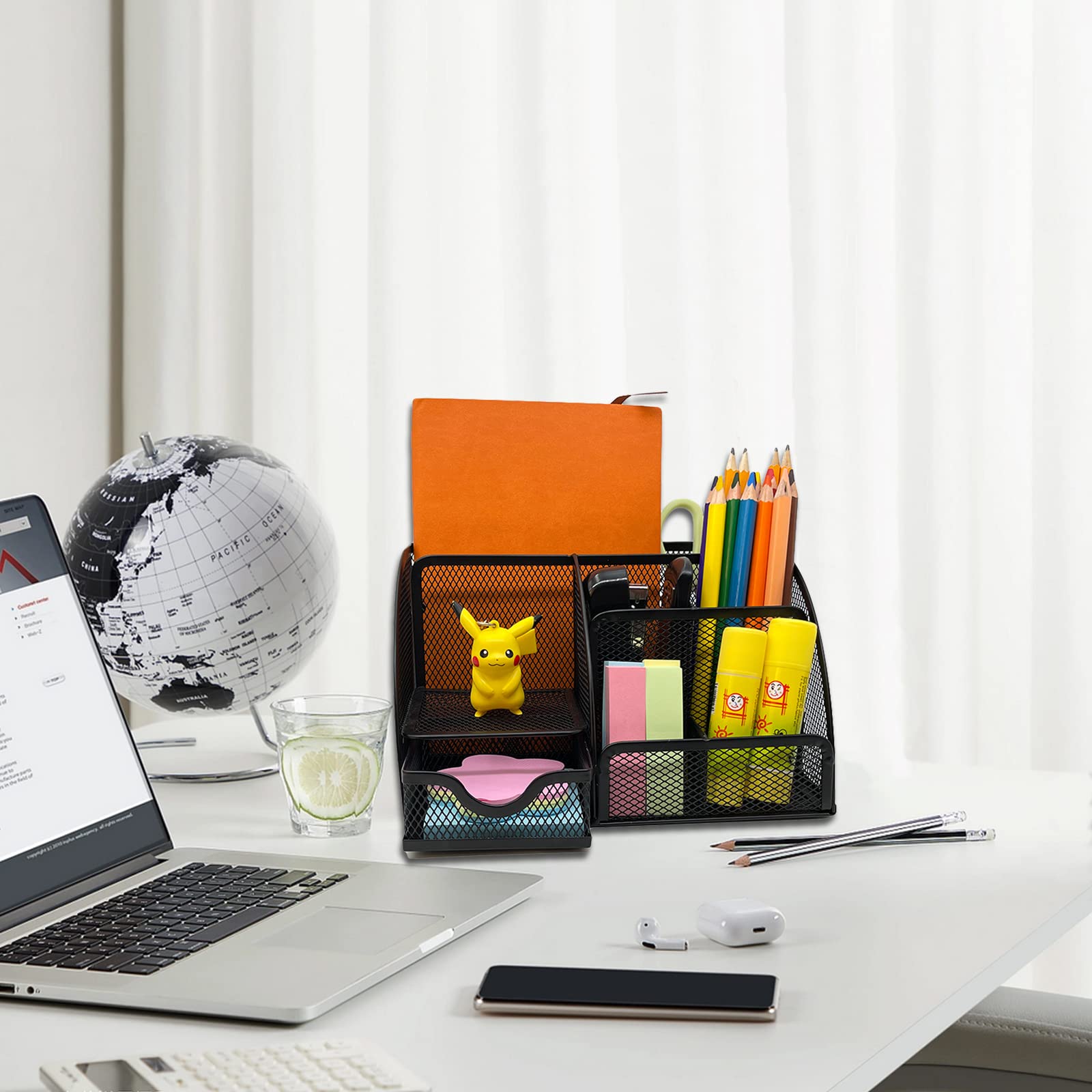Organisateur Bureau Métal Grillagé Avec Tiroir - Range Stylos, Fournitures - Noir - 22x14x12.8cm