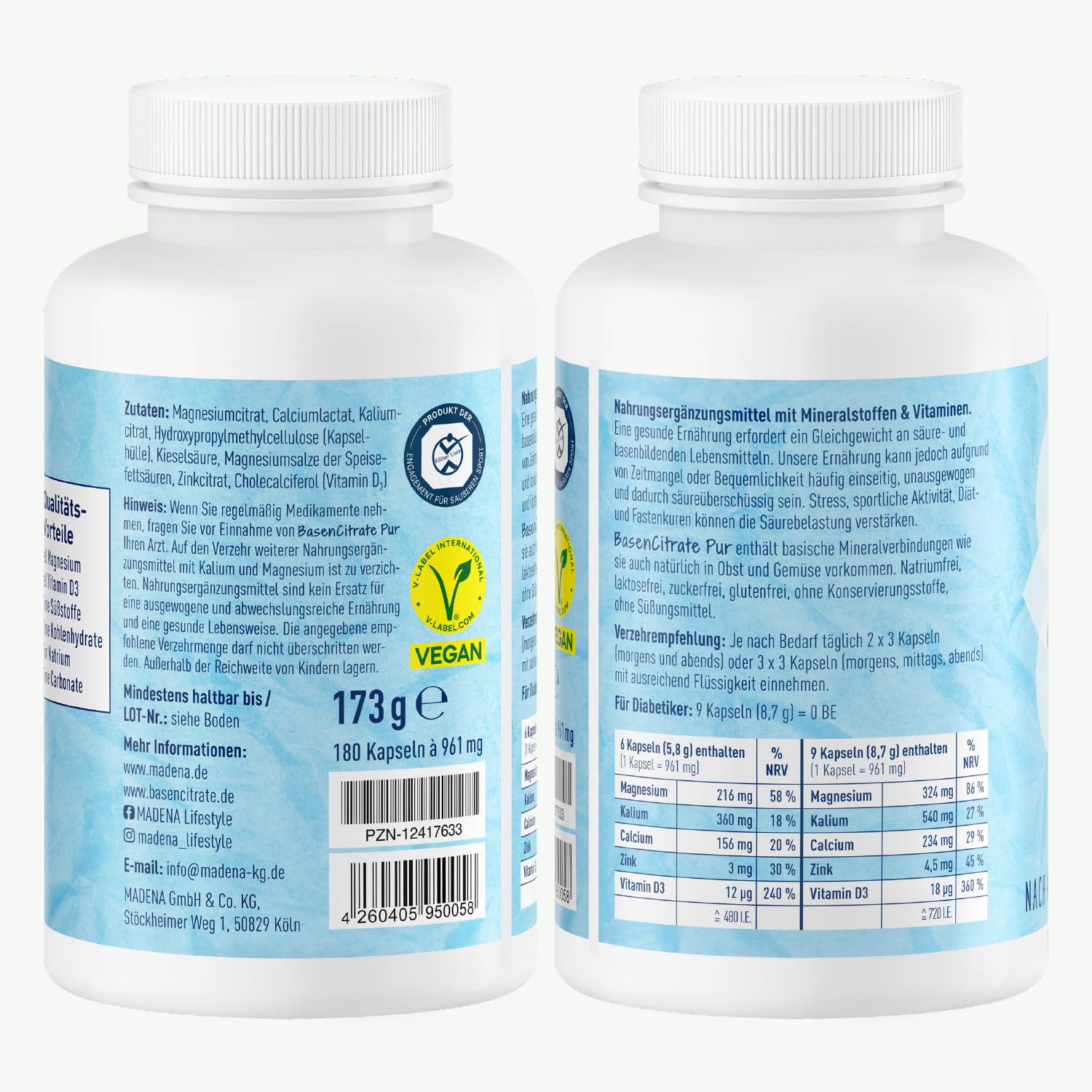 MADENA BasenCitrate Pur, 180 Kapseln, Elektrolyte-Lieferant mit 100% organischen Basen und viel Magnesiumcitrat, Zink, Kalium, Calcium, plus viel Vitamin D3