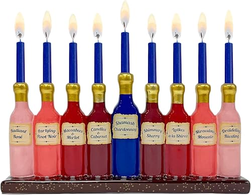 Rite Lite Menorá de vinos finos – Menorá de cerámica pintada a mano, regalos de Hanukkah Judaica, regalos de fiesta de vacaciones judías, portavelas