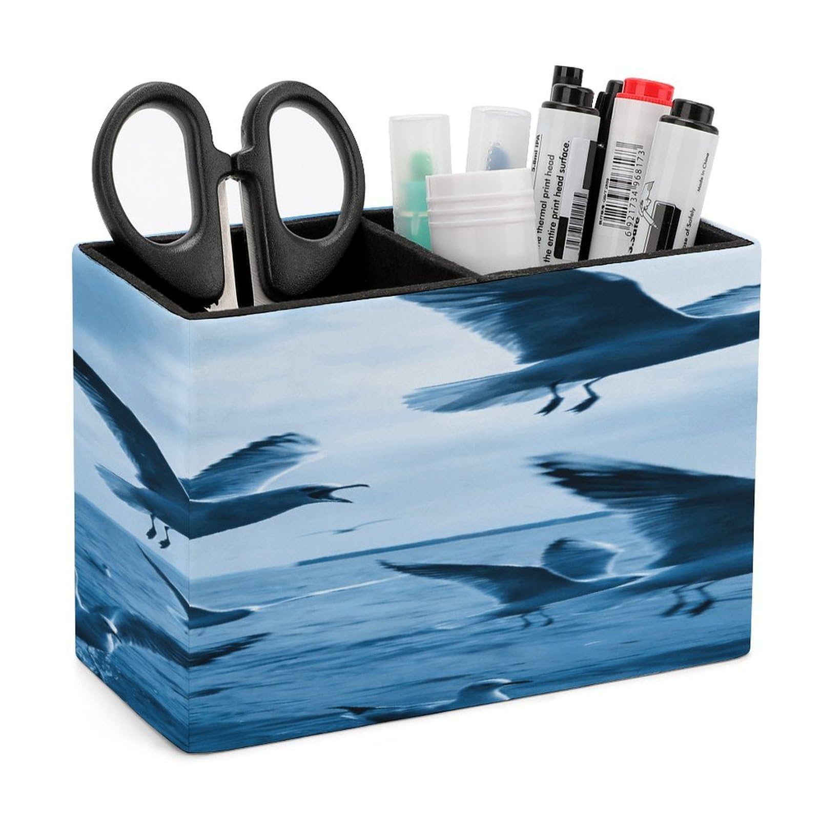 LZQPOEAS Flocks of Seagulls Follow The Wind. Pen Holder Double Compartments Pen Cup Makeup Brush Holders Leather Pencil Holder Locker Organizer for Work Locker Accessories Modern Pencil Cup for Desk