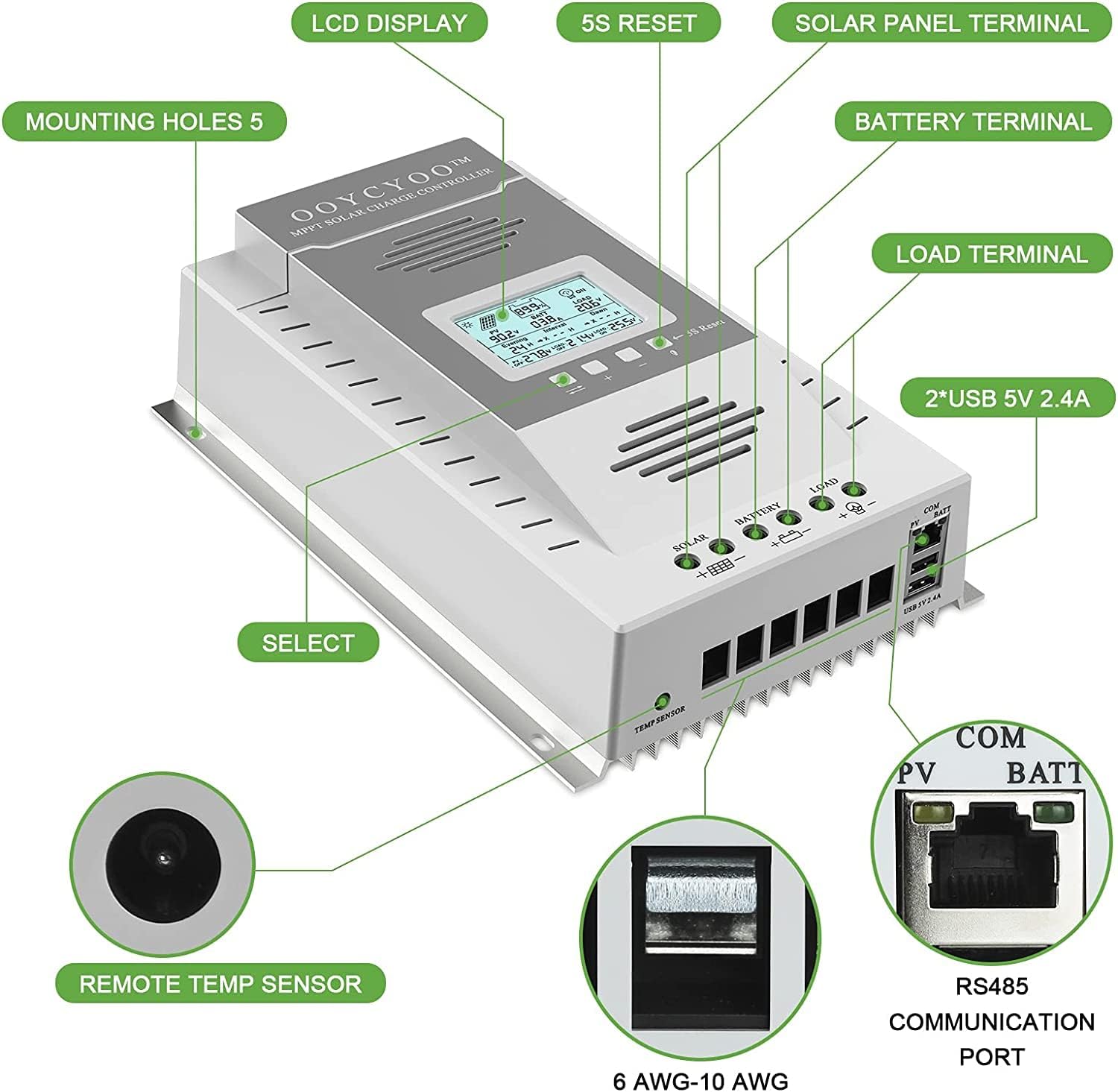 MPPT Charge Controller 100 amp 12V/24V Auto, 100A Solar Panel Charge Regulator with Blacklight LCD Display Max 100V for Lead-Acid Sealed Gel AGM Flooded Lithium Battery（+1.5M LCD485）