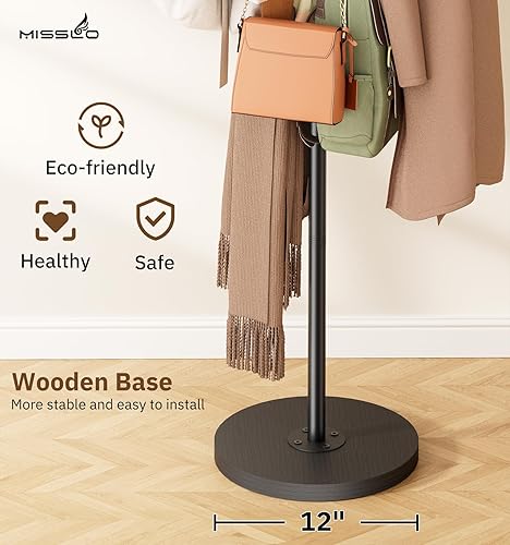 Miniatura 3 de MISSLO Perchero resistente independiente de 4 tamaños ajustables con base de madera estable, soporte para colgar abrigos con 6 ganchos de pie para