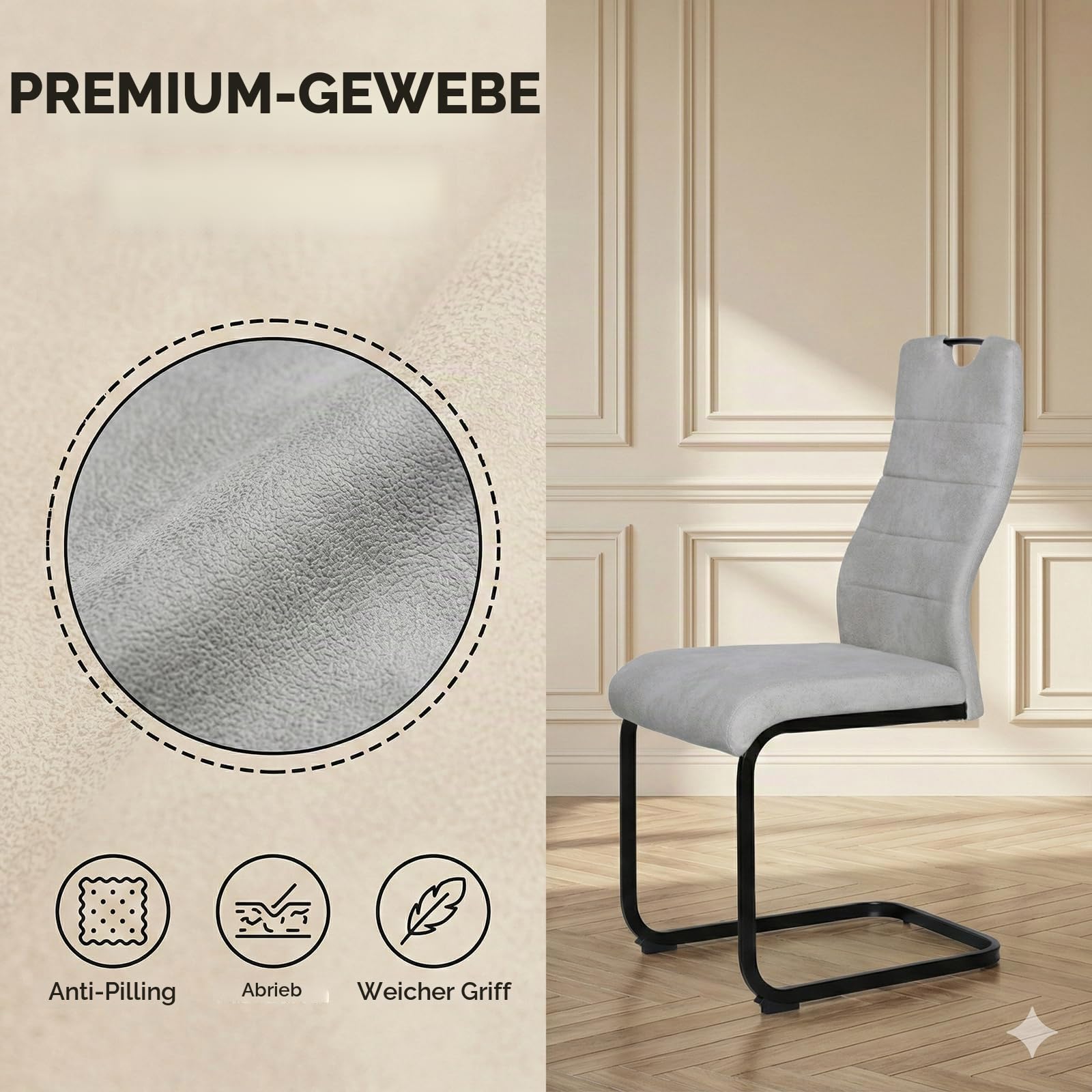 JIEXI Esszimmerstühle 4er Set, Freischwinger Schwingstuhl, Hohe Rückenlehne, Wohnzimmerstuhl 150kg belastbar, Moderner Designstuhl für Esszimmer Küche, Grau