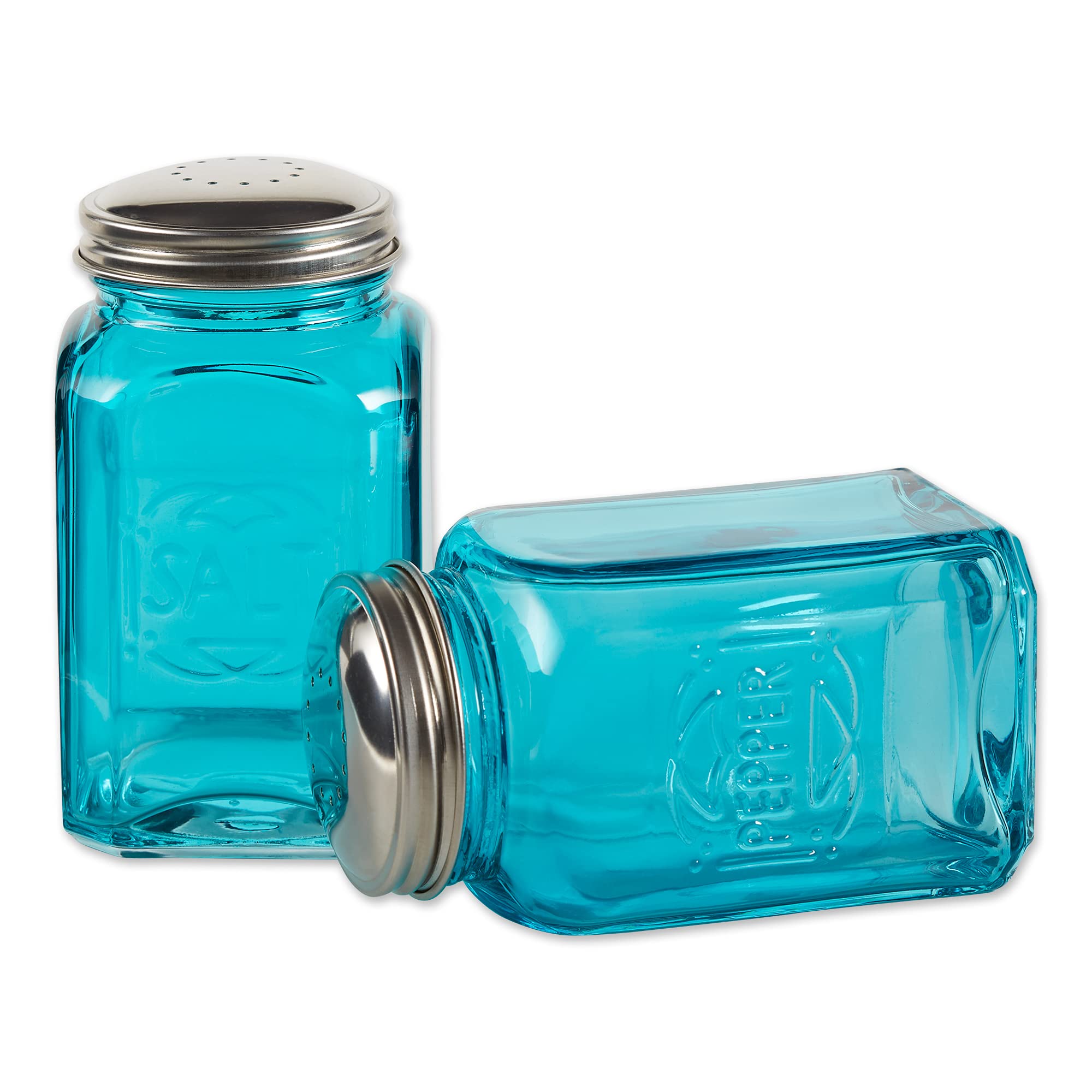 RSVP International - Salero y pimentero de cristal retro de 8 onzas, color turquesa | tapas de acero inoxidable |, 14 oz
