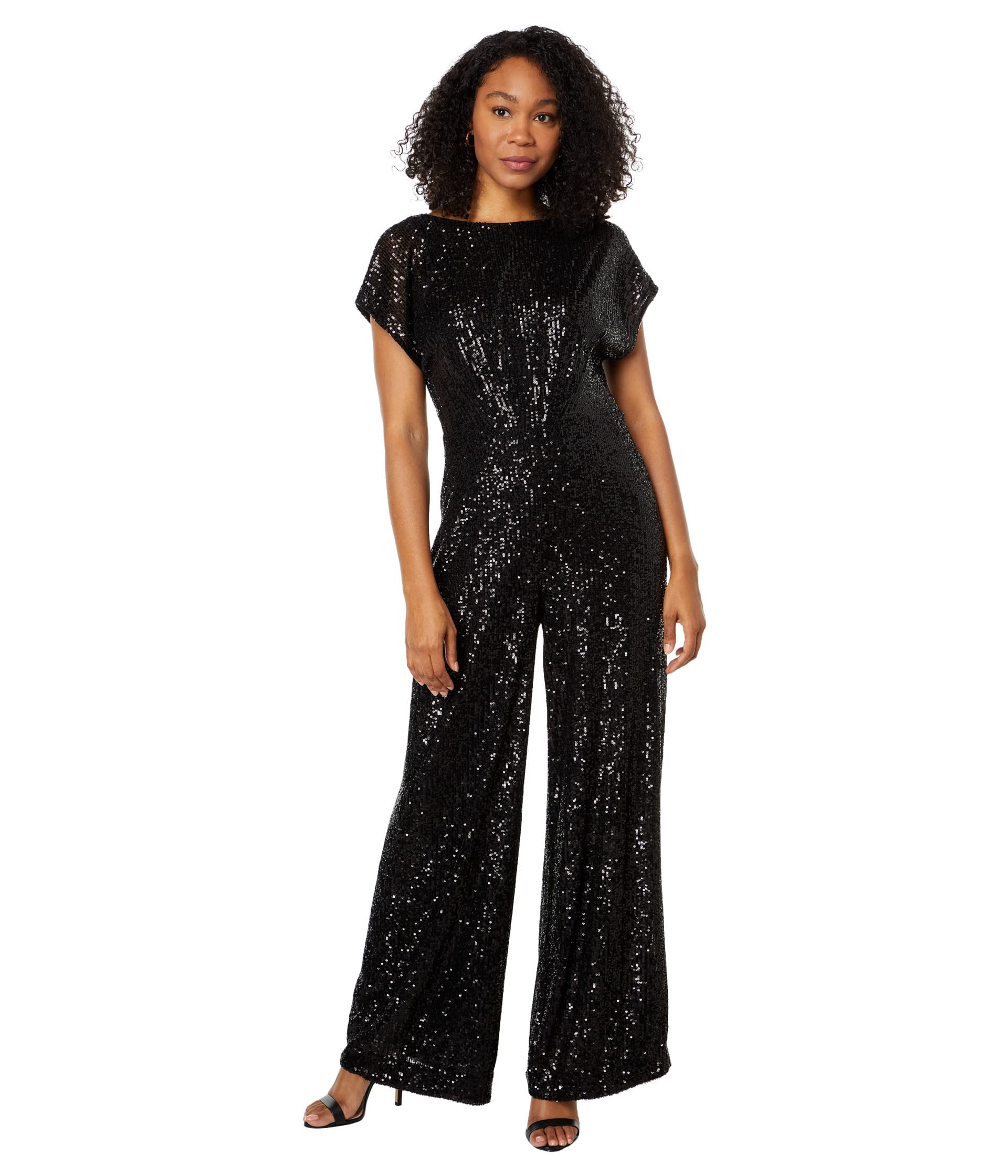 Maggy London Wide Neck Jumpsuit Vestido, Negro, 40 para Mujer