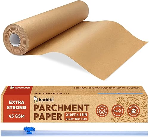 Katbite Rollo de papel pergamino resistente para hornear, 15 pulgadas x 210 pies, papel de hornear de 260 pies cuadrados con cortador deslizante,