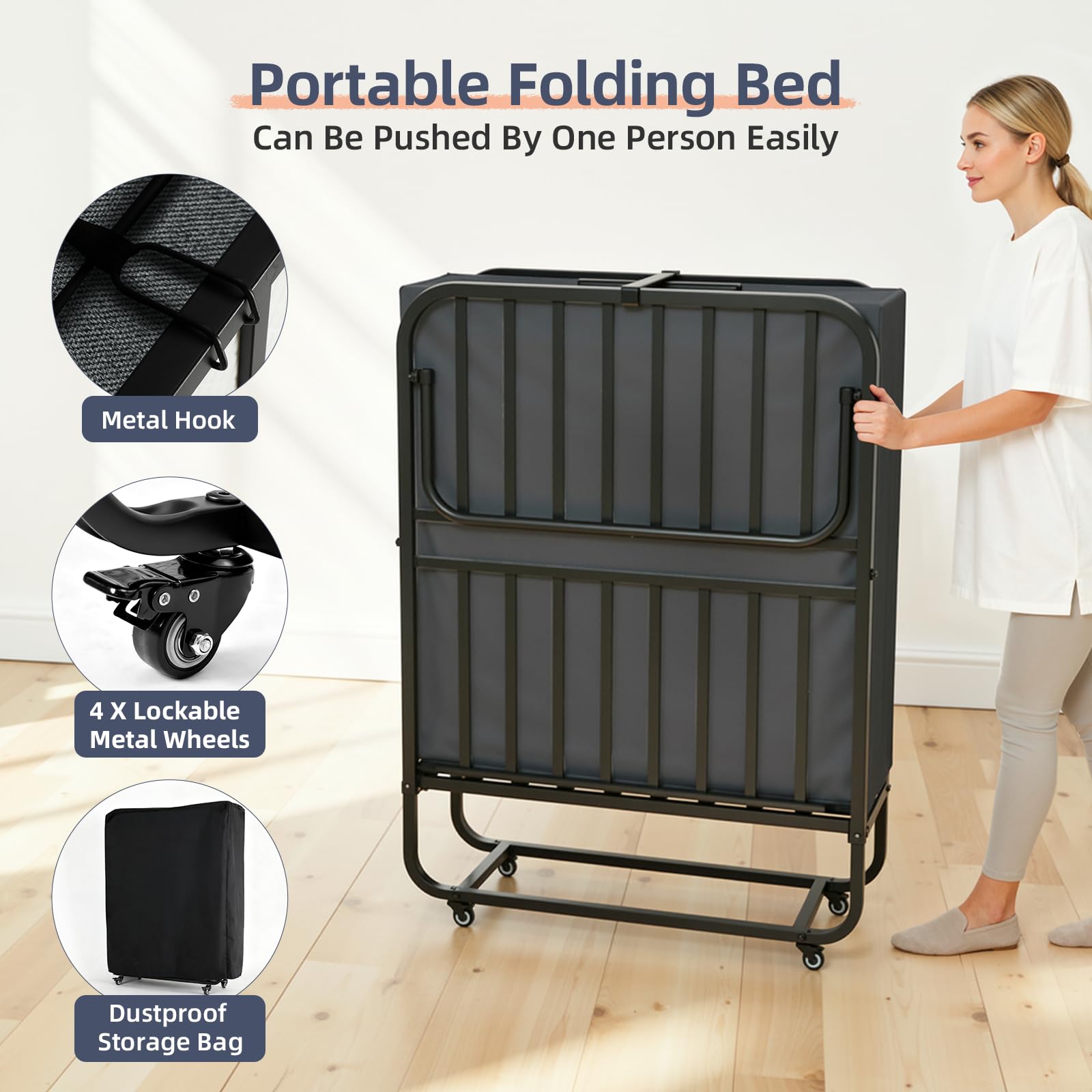 VOWNER Klappbett 200x90cm, Klappbares Gästebett für Erwachsene mit 13 cm Schaumstoff Memory-Matratze, Schutzhülle, Stabiler Metallrahmen und Rollen, Reisebett bis 200 kg belastbar