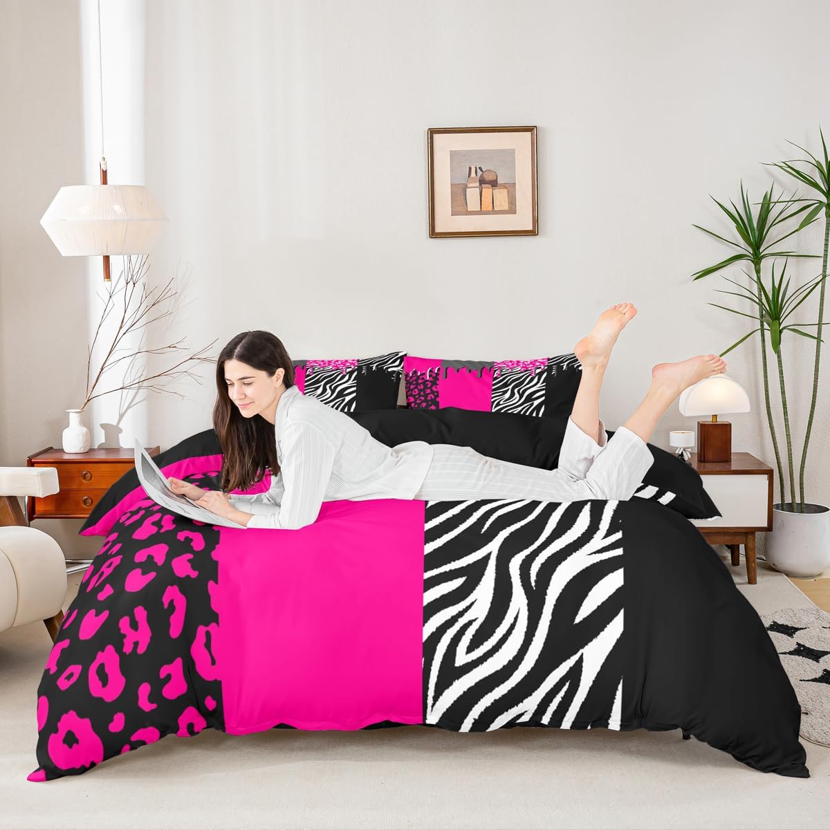 Feelyou Leopard Bedding Set for Girls Boys Kids Full Size Hot Pink Black White Cheetah Comforter Cover Set Room Decorative Animal Print Duvet Cover Safari Zebra Bedspread Cover 3Pcs Bedclothes