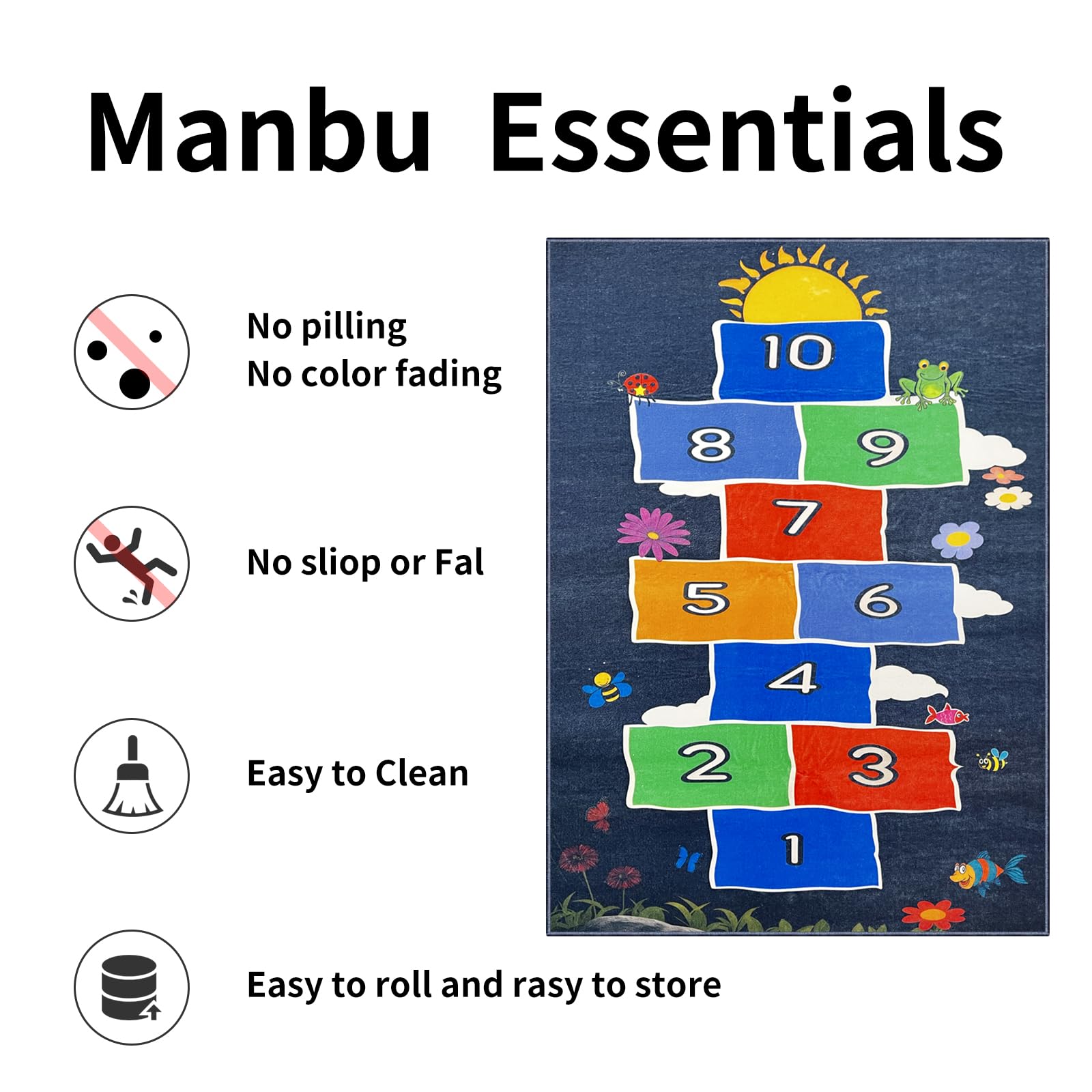 Tapis de jeu marelle pour enfants, jeu de sol amusant pour jeu actif et motricité, tapis antidérapant et lavable pour salle de jeux, tapis éducatif pour tout-petits et enfants (marelle