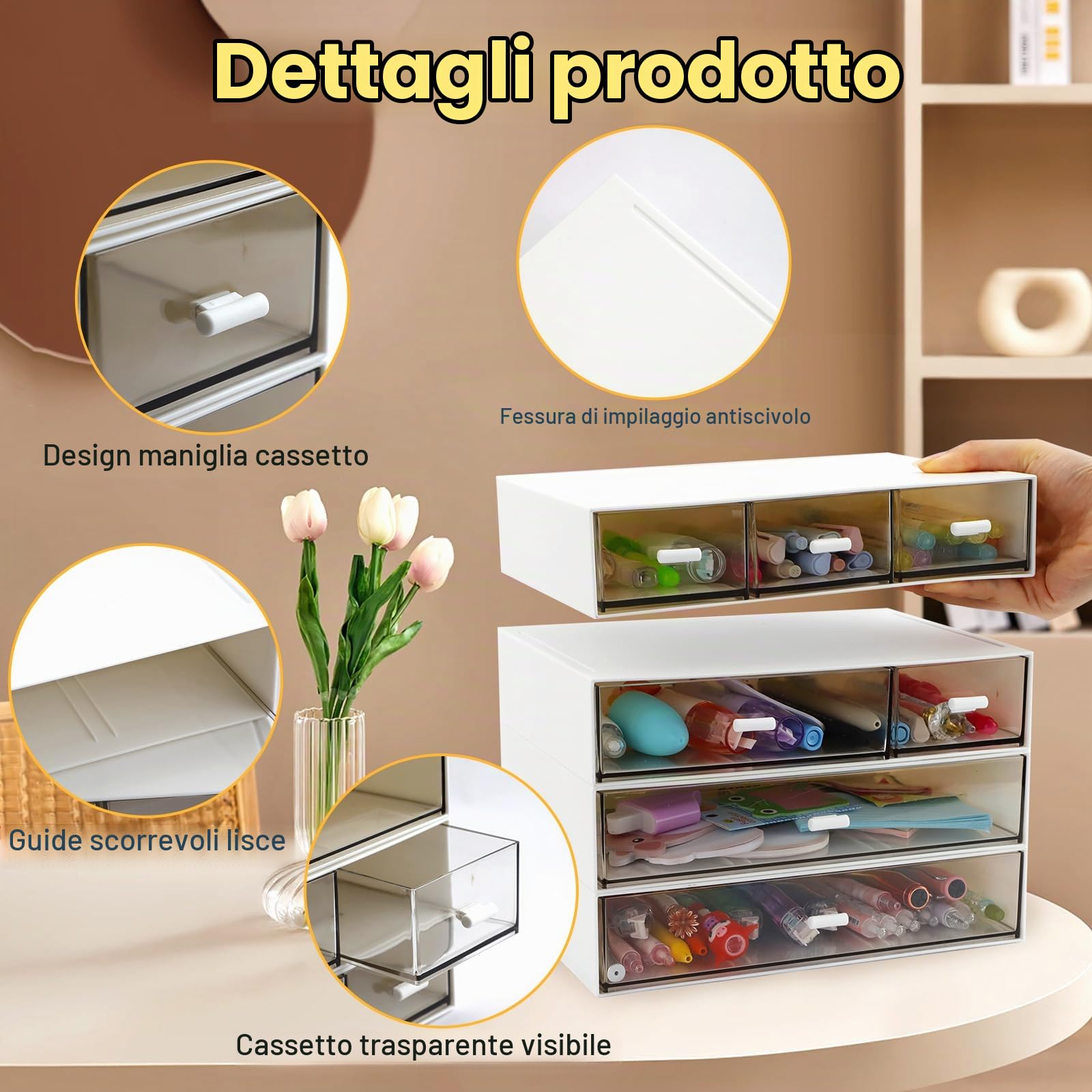 Organizer da scrivania a 4 ripiani con 7 cassetti, impilabile da scrivania con 20 imbottiture antiscivolo, organizer per trucchi per cancelleria e conservazione a casa