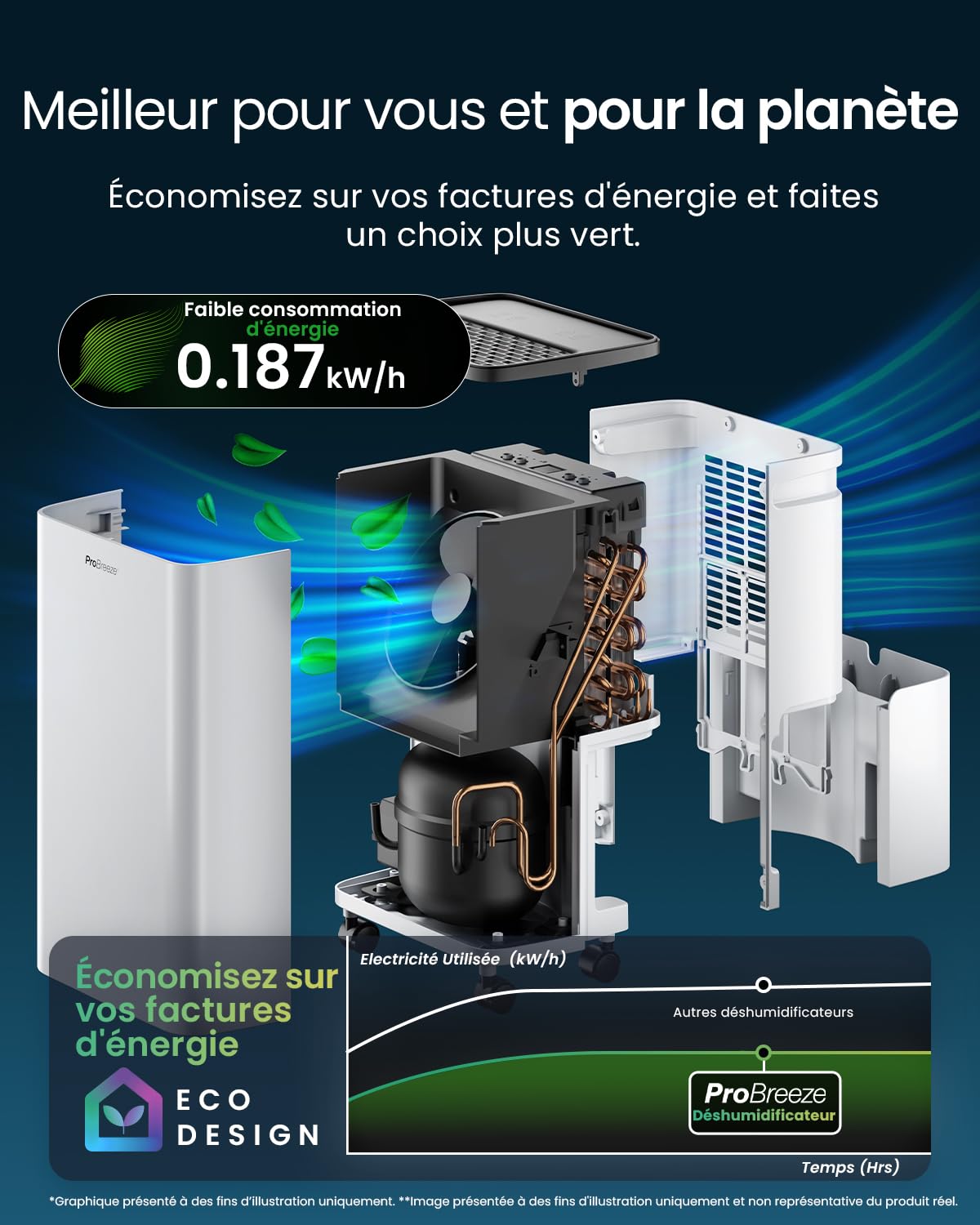 Pro Breeze Déshumidificateur d Air 6L/jour, Éliminateur de Moisissure Noire, Absorbeur d'Humidité Automatique, Sèche-linge, Déshumidificateur Compresseur Portable Silencieux, Minuterie 24h