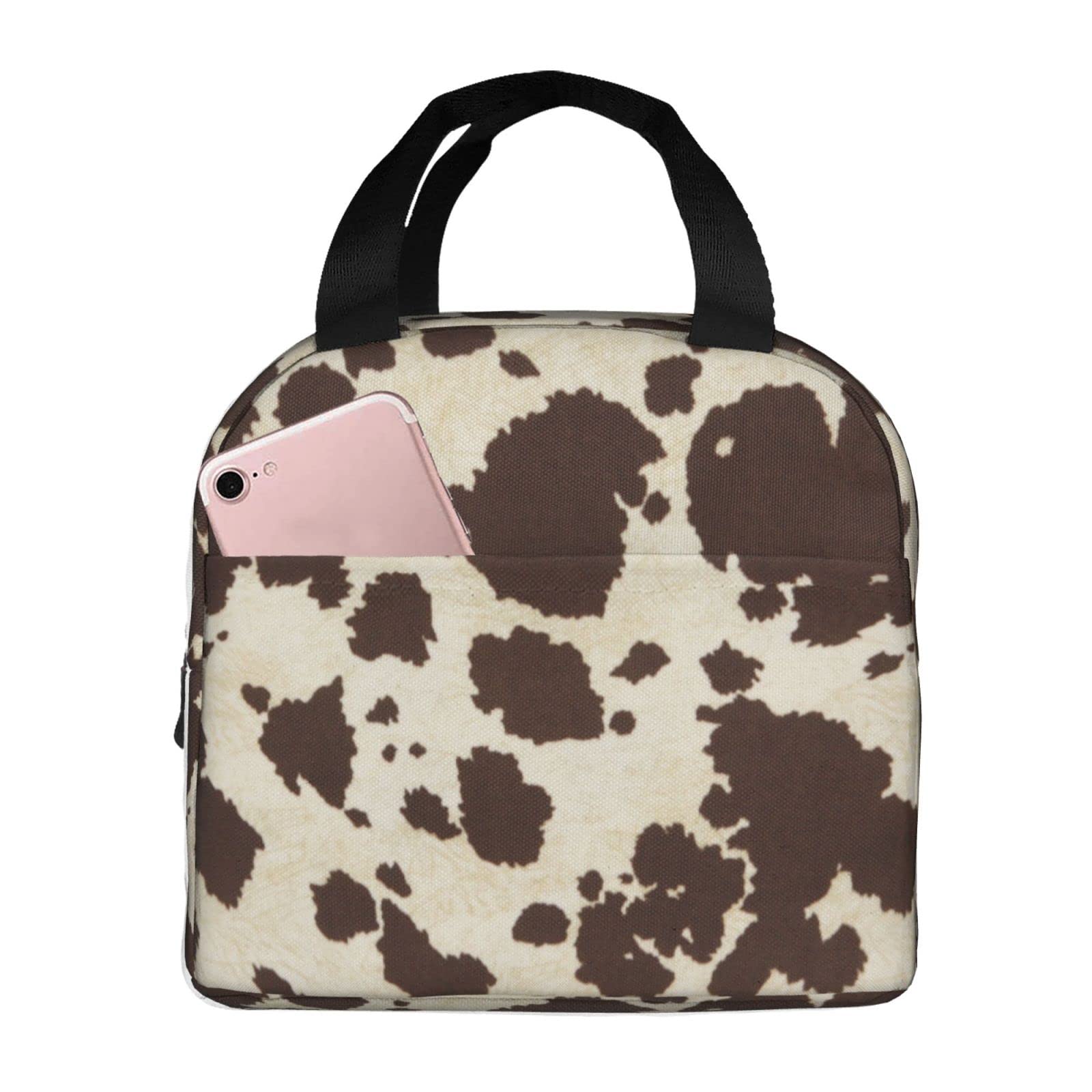 VOOHDDY Cow Print Vintage Brown Insulated Lunch Bag For Men Women Reusable Lunch Box Container Waterproof Portable Cooler Thermal Tote Bag For Work Office Picnic Beach Travel